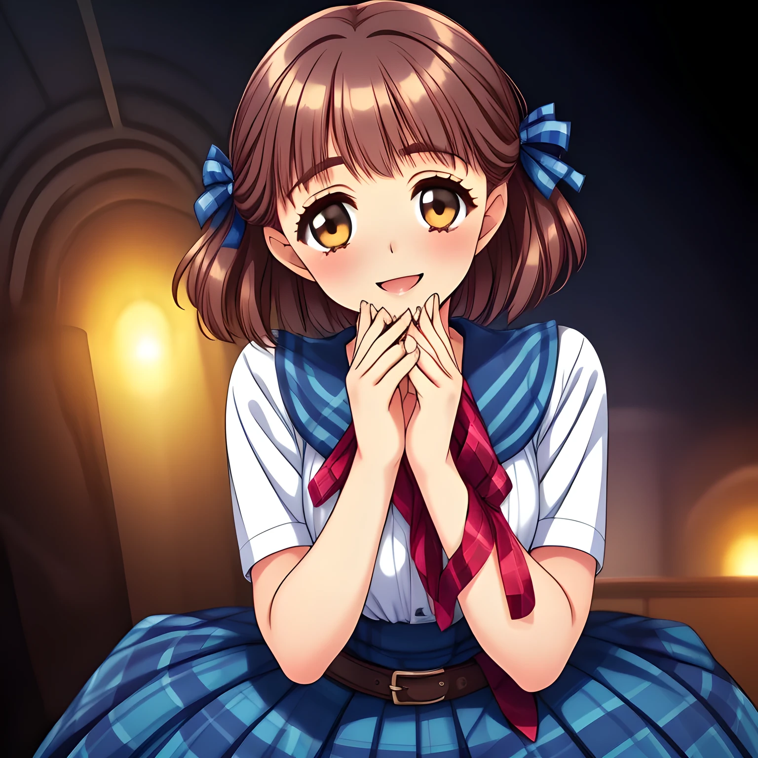 (highest quality, masterpiece:1.2), highest quality, High resolution, 1080p, 8K, (A yo beautiful pretty fashion model succubus, most beloved girl in the school, (intelligent and perfect slender body), too flattering smile, amazingly neat & clean, in peace and neat lovely strong charm, (face up), tilted head: 1.8), (Too noble beautiful lady like a love-story comic heroine), (laugh in bliss), (Whispering the viewer's subliminal desire secretly to hypnotize the viewer), A very lovely, very noble, pretty and pure beautiful girls. ((Bursting out Laughing very elegantly)), ((white face)), Using expensive whitening cosmetics by cosmetics artist: 1.2), A white face that everyone loves, Glossy lips, shorter even (curled) bangs, (Too beautiful blue fascinating shiny (double-lidded) (brown eyes) with love to the viewer, ((deep upper girly eyelid)), with detailed clearly (like girlish comics beautiful lovely heroine): 1.5), ((Black short wavy Hair)), ((amazingly beautiful (wavy) short hair: 1.5)), (Sailor-style school uniform, Neat smart (yellow blouse)): 1.5), (A long, very neat, (tartan-checkered pleated blue skirt with belt): 1.2), (too pretty shiny light-yellow realistic school ribbon): 1.5), (Extremely lustrous, shiny game heroine lips, laughing open mouth: 0.8), (Ribbon in (black hair), The ribbon is big and very pretty, Beautiful black wavy hair like a hair model), (Tight waist, slender like a beautiful fashion model: 1.5), (The background is (plain black space with lovely heart stars) to emphasize her fascination: 1.8), (The lady knows well about the viewer's super fetishism for school uniforms, inviting the viewer into uniform dream of succubus, and satisfies it completely with her hands and skirts and (laughter giving extreme pleasure) deeply (in the viewer's clear lewd dream): 1.7), (beautiful expensive gorgeous atmosphere which the viewer can't stop being lustful: 1.5), (take a shot from the skirt)