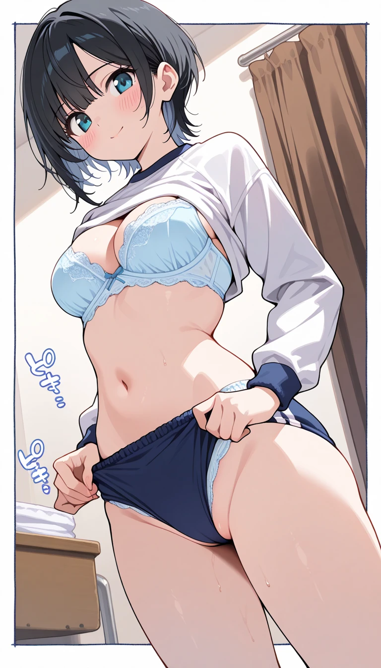 1girl, solo, detailed face, , , long hair,,,my room,looking viewer,side ponytail,small breasts,smile,(((white gym shirts,sports panties))),,(nsfw),(spoken heart),