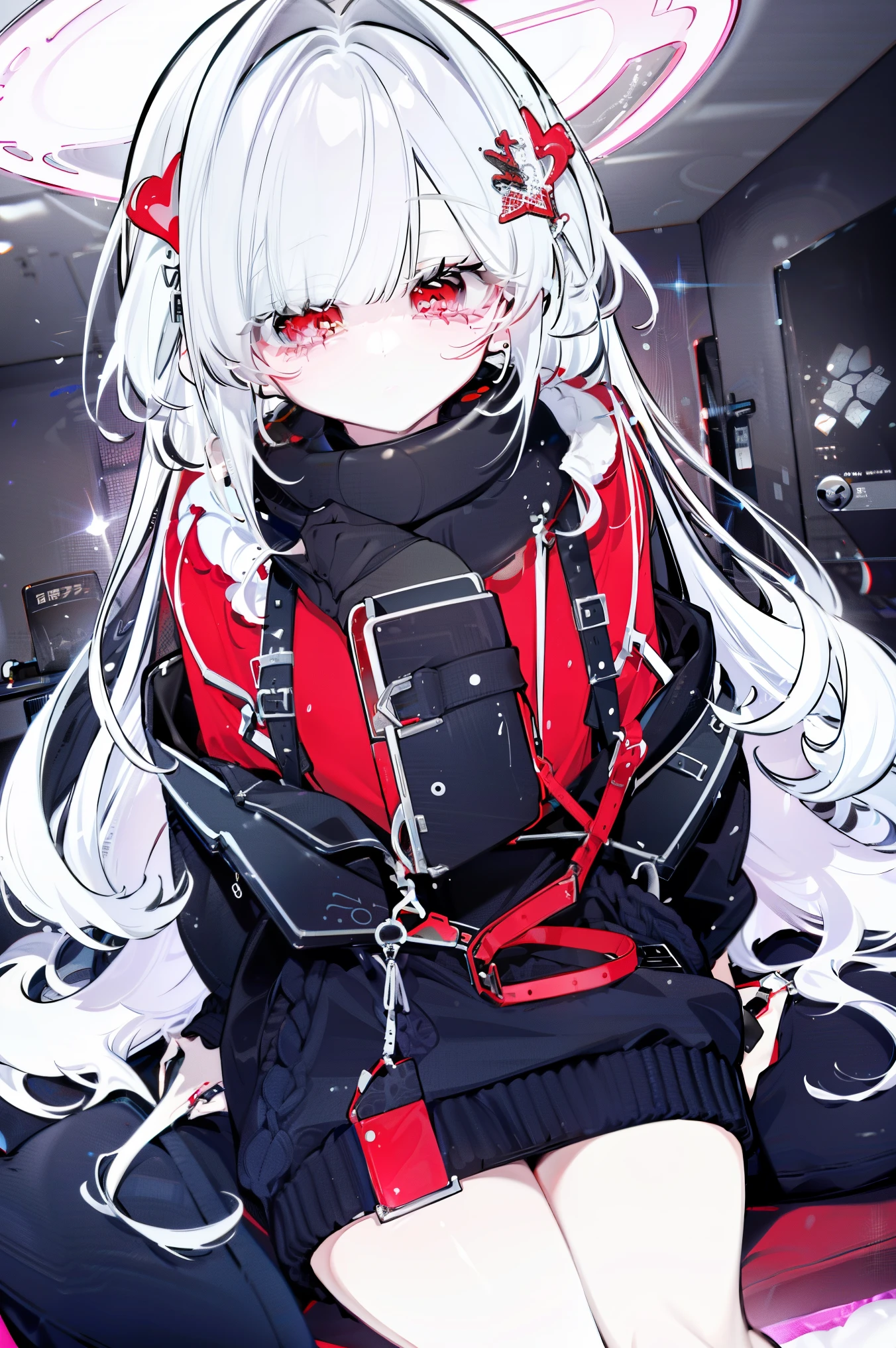Anime girl with white hair and black and red outfit sitting on a bed ...