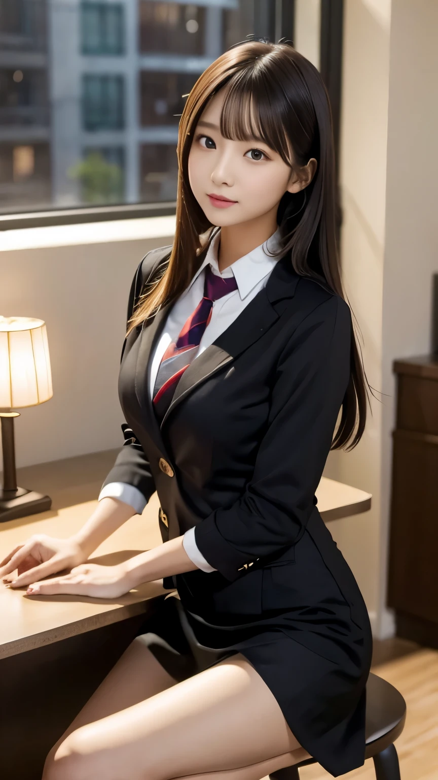 ((best quality)), ((muste piece)), (detailed breasts), (highlight), perfect face Young girl highlighting large breasts with detailed face、Long, thick, shiny, beautiful black hair with blunt bangs、solid color background、Standing wearing red and black blazer and miniskirt school uniform、Japanese high school girl、student council president idol、