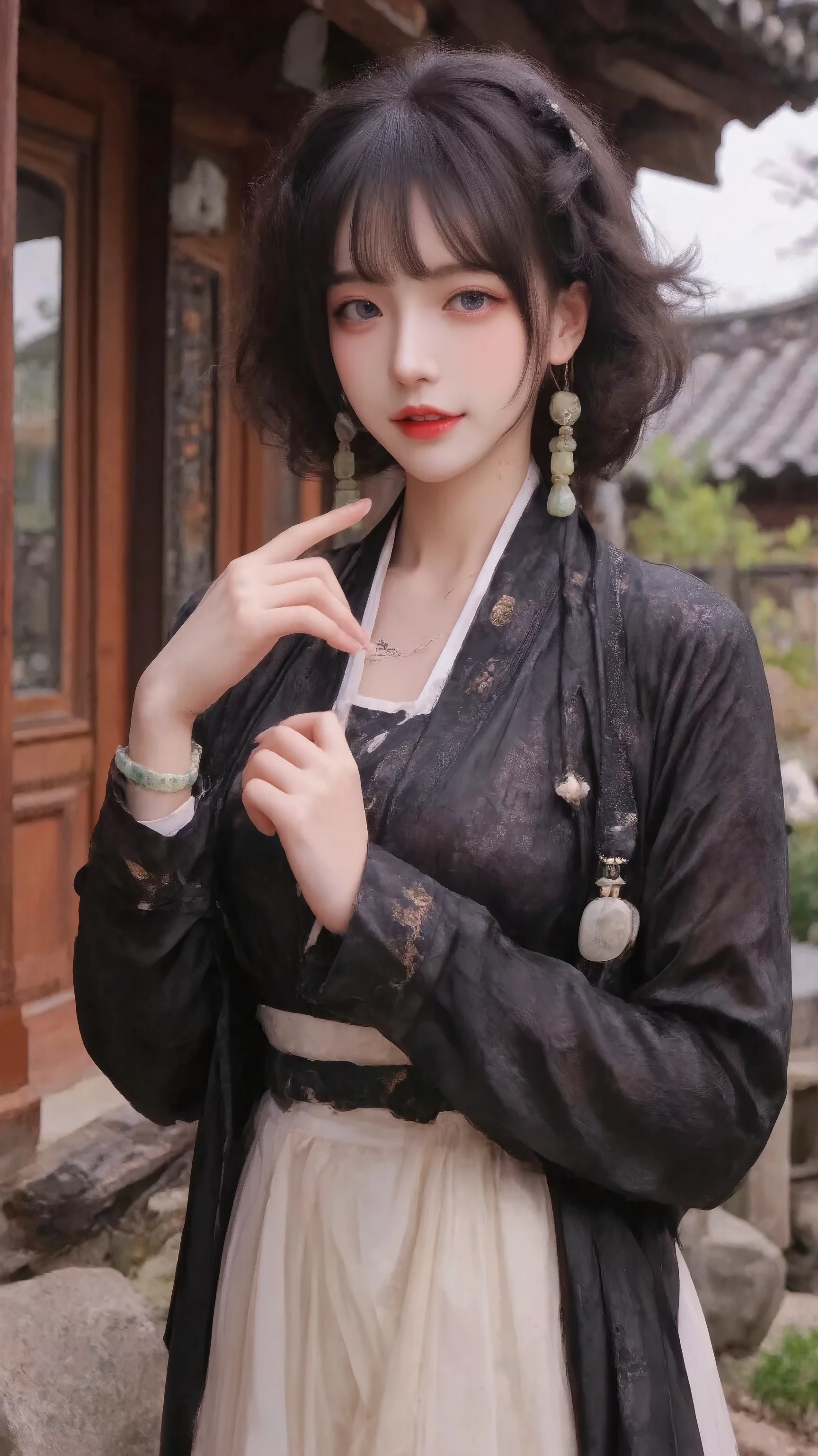 super detailed: 1.5, high resolution, sharp focus: 1.5, highest quality, high quality , Realism, Dim lighting : 1.2, Depth of Field, Bokeh,
Beautiful Detailed Face , fair skin: 1.2, Oval face, black natural curly hair, Air Bangs, purple eyes, Bright red lipstick, red eyeshadow, Natural neck length, Beautiful Hands , Perfect Fit, anatomically correct , Hetian jade lucky bracelet,
Detailed Cloth Texture , Detailed hair textures, E-mask, raised chest,
whole body, dynamic pose, looking at the camera, Innocent smile,
soft natural light, Black Hanfu,white translucent skirt,Standing outside an ancient mountain villa