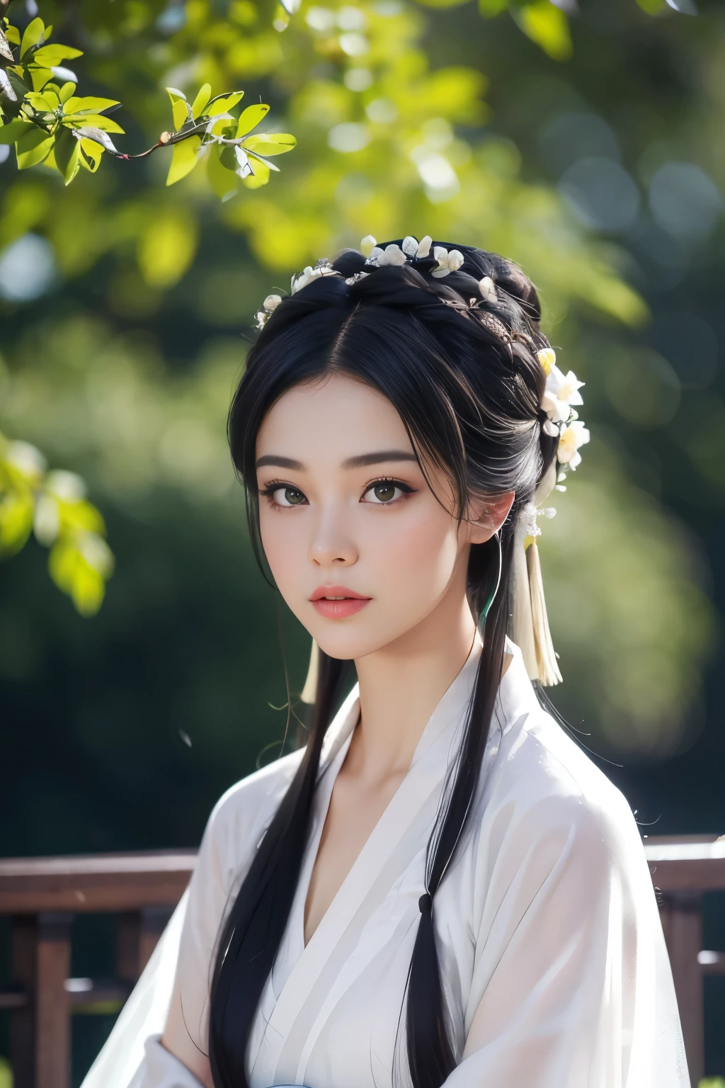 On a rainy day, Guzhen Hanfu women, White Hanfu, Portrait photo of the upper body, Hairpins, hair-bun, Green trees, Clear sky, Bridge overhangs, Dreamy, Bouguereau reports, trending on artstationh, Exquisite facial features style, Close-up photo style, 8K, k hd, Superior quality, realistic sense, First-person perspective, orthofacial,looking at viewert,flashing lights,