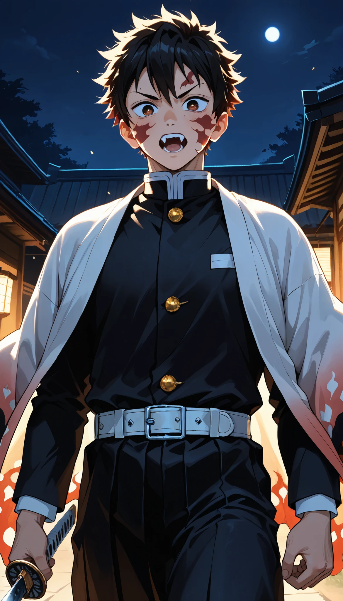 masterpiece, best quality, amazing quality, very aesthetic, high resolution, newest, hyper-detailed, demon slayer uniform, Inuzuka Kiba, black fur trimmed kimono, [katana], night, 1boy, face marks, fangs