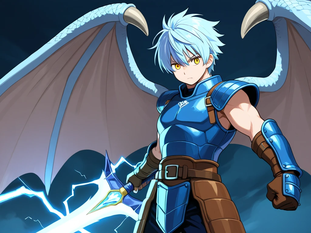 A male warrior with blue-blue dragon wings, light blue hair, yellow eyes, wielding a giant sword, not heavy armor, wielding lightning power, is doing a  protection posture.