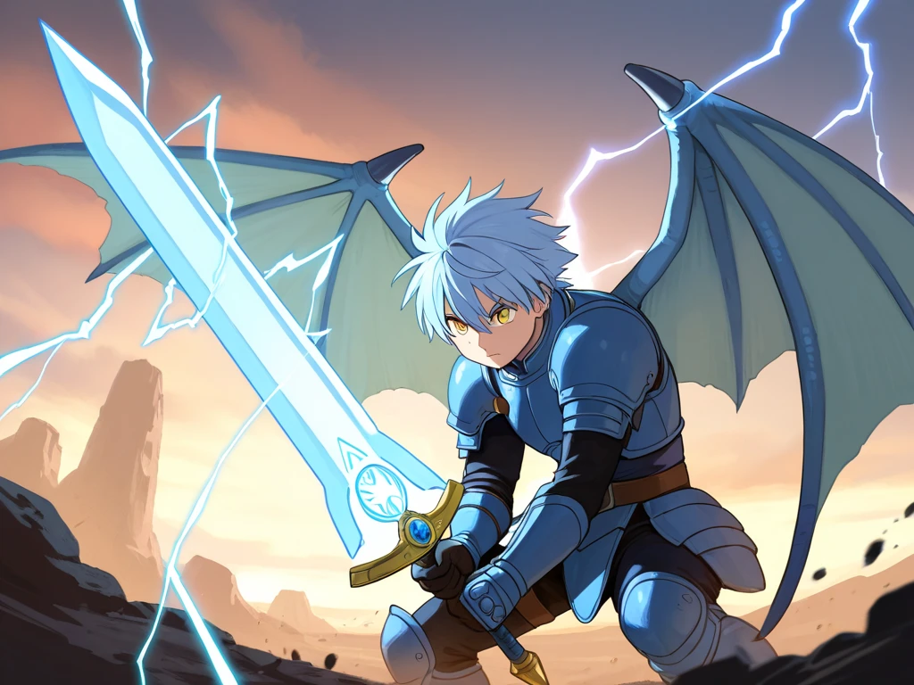 A male warrior with blue-blue dragon wings, light blue hair, yellow eyes, wielding a giant sword, not heavy armor, wielding lightning power, is doing a protection posture.