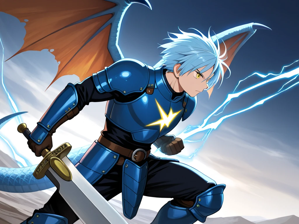 A male warrior with blue-blue dragon wings, light blue hair, yellow eyes, wielding a giant sword, not heavy armor, wielding lightning power, is doing a protection posture.