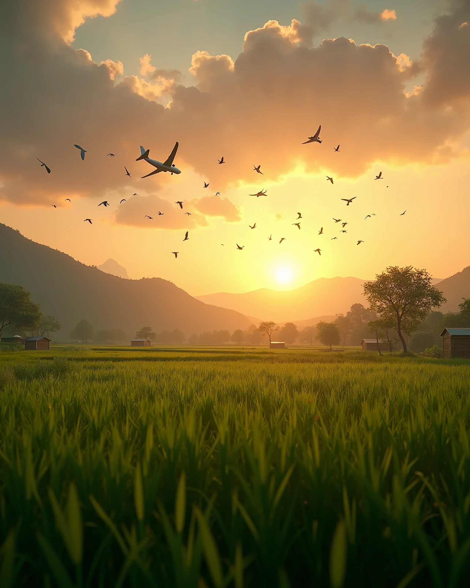 Indian farming cinematic farm evening, peaceful evening, birds flying above the farm , greenary cinematic, big grass farm, big orange sun , realistic small airoplane flying at large distance