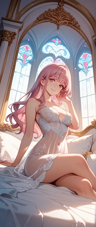 extremely detailed, masterpiece, best quality, absurdres, 1girl, (large breasts),slim, slender, prim_kuroinu, tiara, princess dress, tiara,half body, on bed, on back, pink Hair, exposed belly