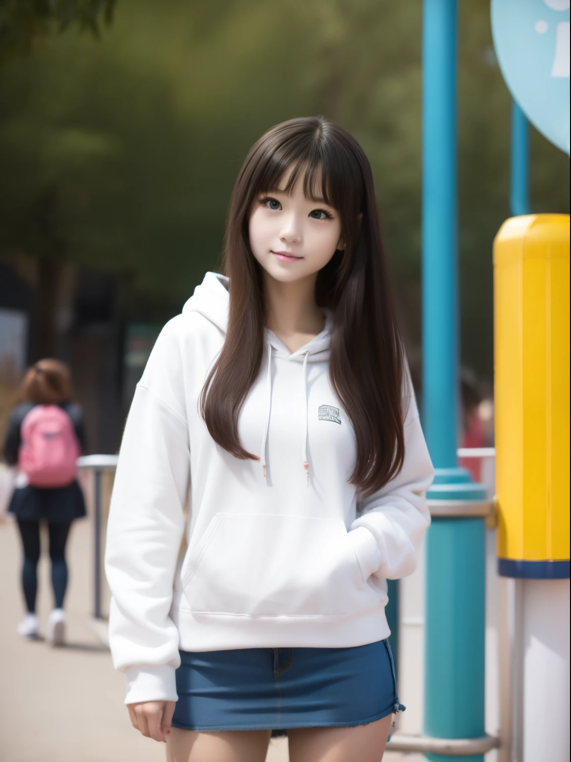 young，(a miniskirt)，Fleece Hoodie，s girl，Delicate body，petite body，Delicate body，small tits，tiny chest，A dark-haired，Very Longhair，An amusement park，Looks Back