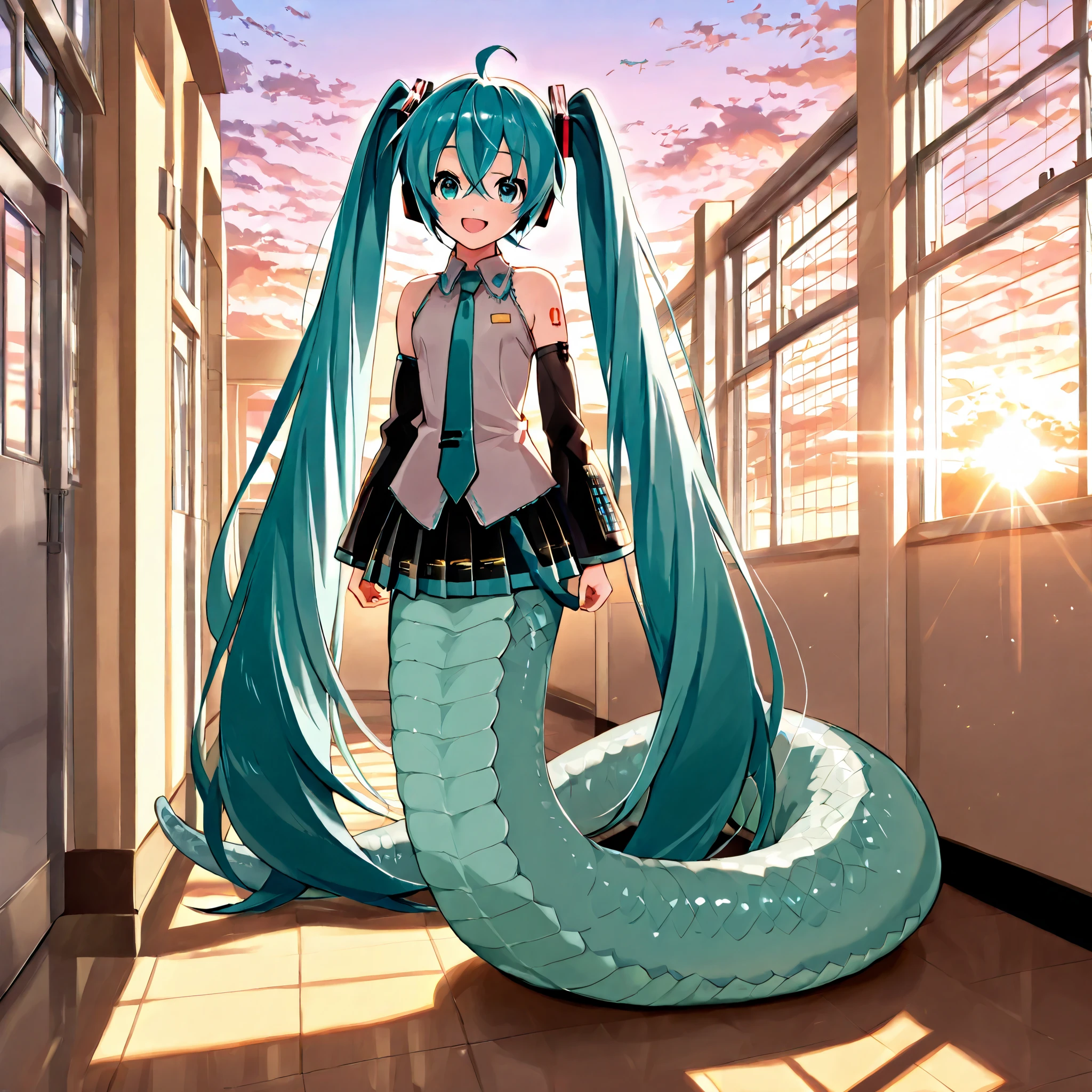 score_9, score_8_up, score_7_up, [1girl, ((lamia:1.2)), ((aqua scales)), relaxed tail, light blue eyes, school, full body, standing, sunset, happy, (not looking at user:1.2), PonyScores, (thick and long tail:1.1), (miku hatsune, ahoge, aqua eyes, aqua hair, crossed bangs, hair between eyes, hair ornament, headphones, long hair, twintails, aqua necktie, black skirt, black sleeves, collared shirt, detached sleeves, grey shirt, necktie, pleated skirt, shirt, skirt, sleeveless, sleeveless shirt, tie clip)] 