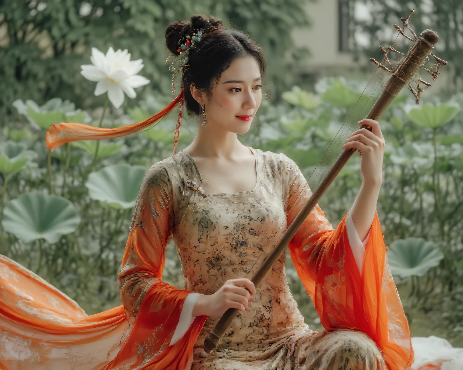 A graceful Asian woman with a high bun hairstyle, adorned with delicate hair accessories, wearing a flowing orange Hanfu, playing a guzheng with a gentle expression. The scene is decorated with lotus flowers and leaves, creating a serene and elegant atmosphere. Soft, diffused lighting highlights her delicate features and the intricate details of her attire.And large nipples