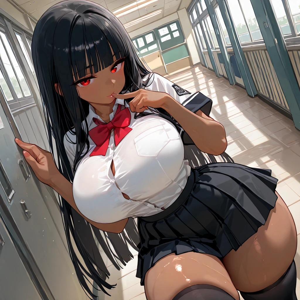 A sexy women, sexy body, curvy body, long straight black hair, twintail hair, red eyes, sexy lips, make up, red colored eyeline, smile, big breasts, sexy hips, sexy expression, anatomically correct, super detail, high quality, highres, 4K, (full body shot), school girl, sailor , garter belts, stockings, sneakers, necktie, squatting