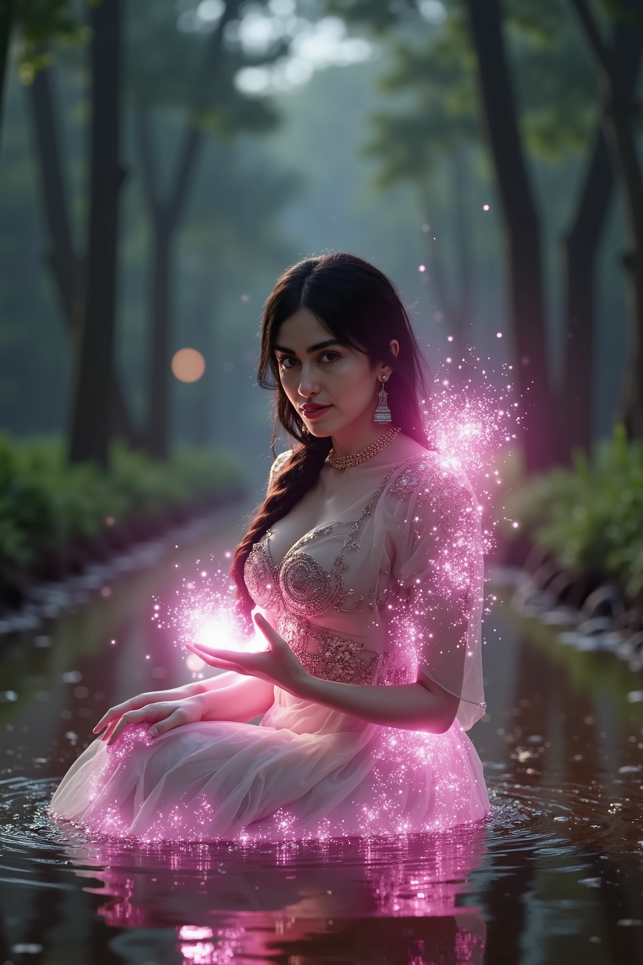 Visual sinematic rantasy From top looking at camera beautiful woman pink neon aura hieroglyphic dress in fairy tale land Sit on calm forest lake fire fly