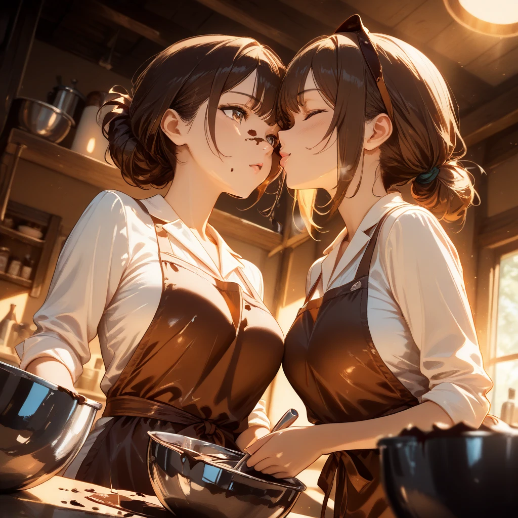 A brown-haired woman and a black-haired woman make a cake together romantically.