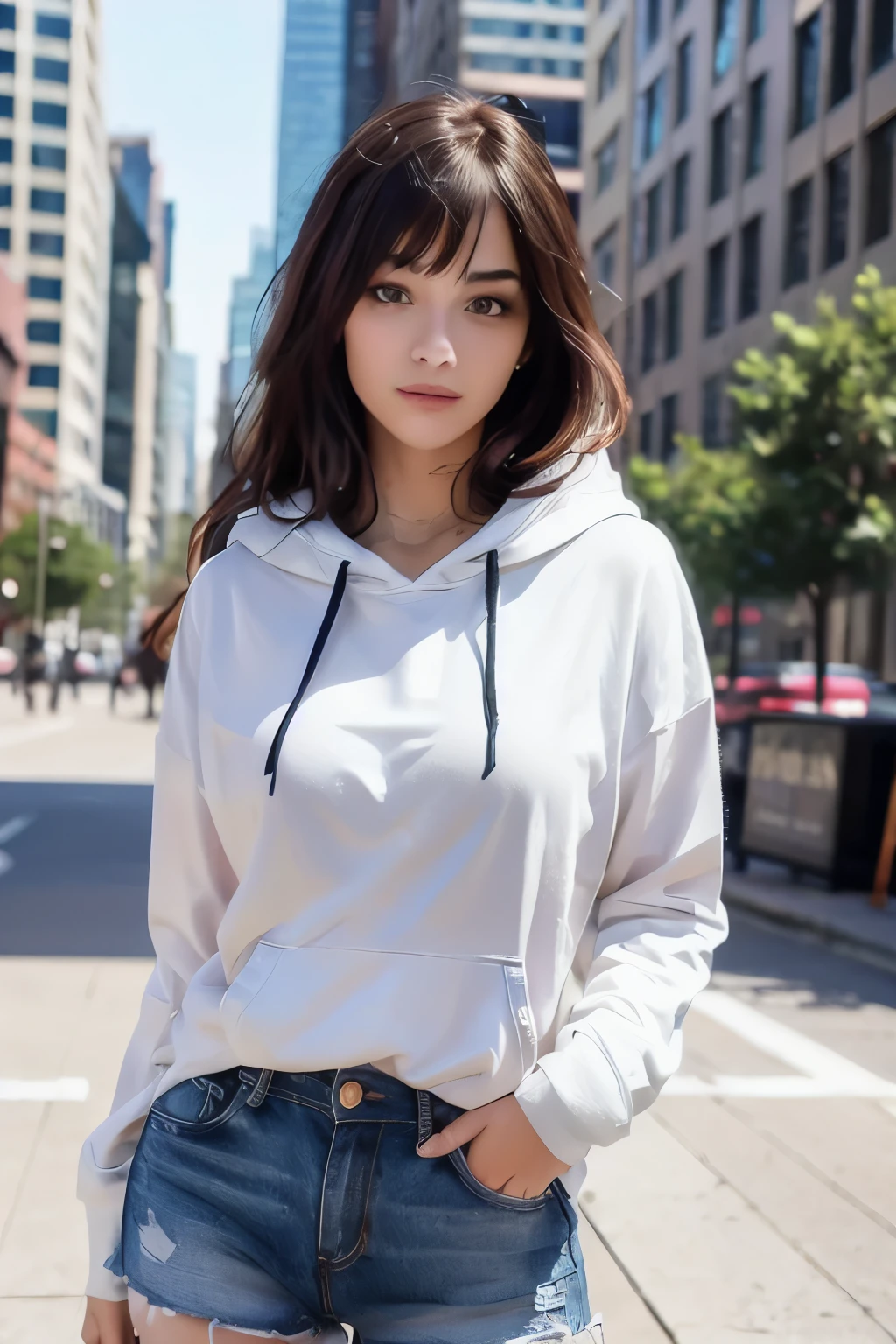 best quality, ultra-detailed, masterpiece, finely detail, highres, 8k wallpaper, Realistic details, clothing details, skin details, photoshop \(medium\),slim body,1girl, 22 years old, beautiful eyes, real skin, fine face, (hair twirling), (gradient hair), long hair, blunt bangs, large breasts,hoodie , shorts, cityscape, mix4,