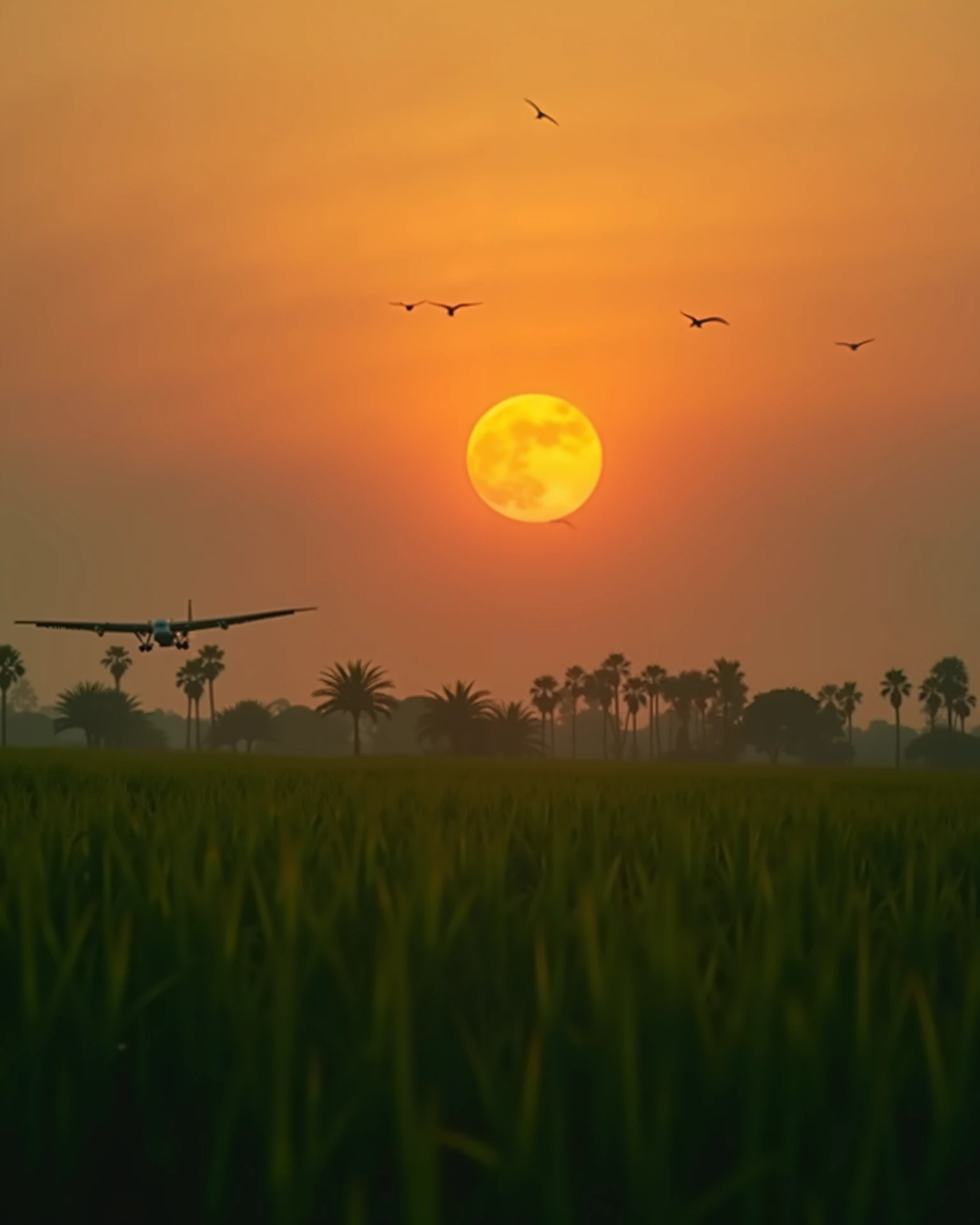 Indian farming cinematic farm evening, peaceful evening, birds flying above the farm , greenary cinematic, big grass farm, big orange sun on head , realistic small airoplane flying at large distance, large sun , sad environment, emotional 