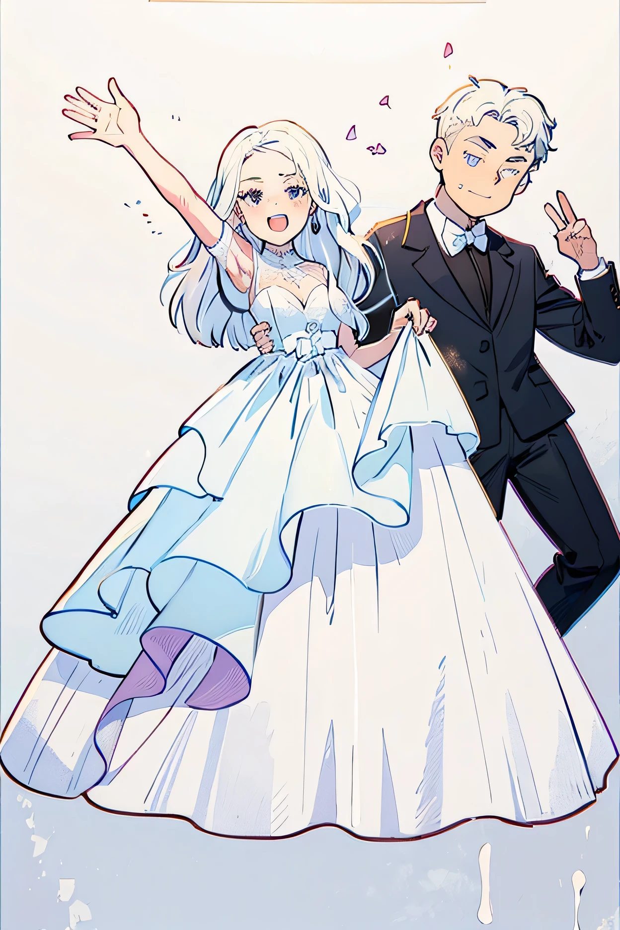 Girls in white wedding dresses ， Boys in black suits，illustration， breast peek 