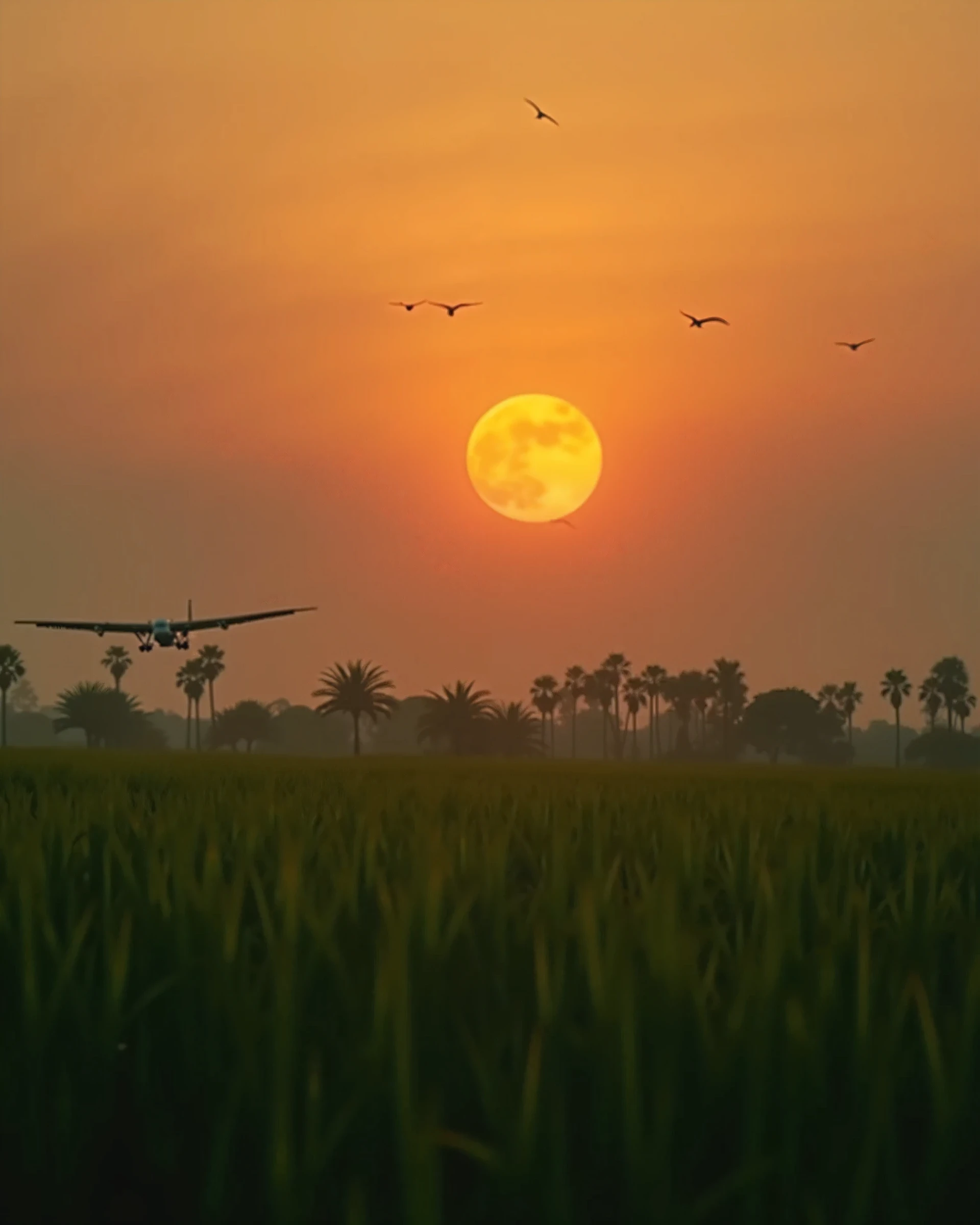 Indian farming cinematic farm evening, peaceful evening, birds flying above the farm , greenary cinematic, big grass farm, big orange sun on head , realistic small airoplane flying at large distance, large sun , sad environment, emotional 