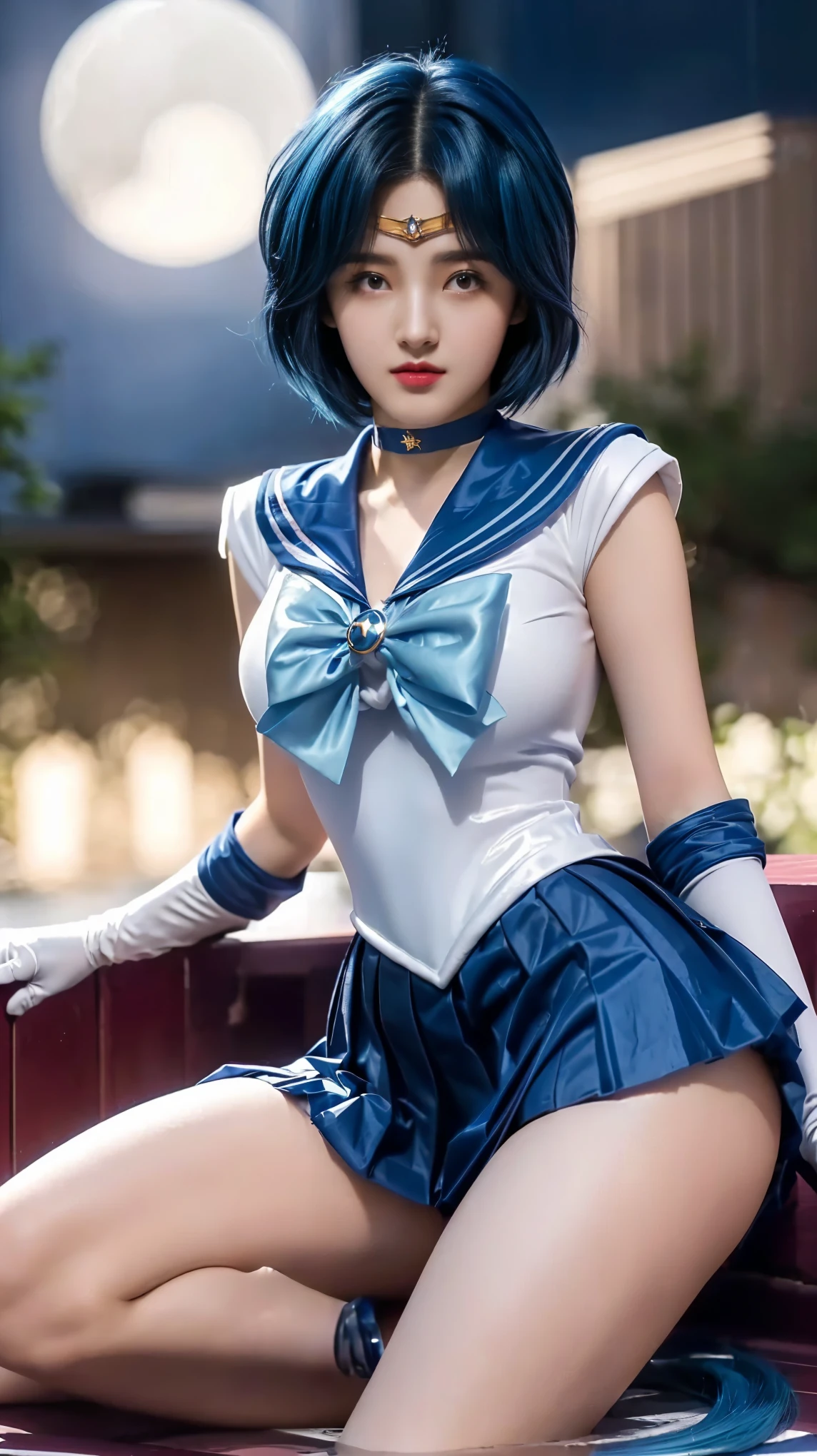 1girl, smile, delicate facial features, breasts, gloves, lips, solo, sailor mercury, blue eyes, smuniform, mer1, tiara, sailor senshi uniform, (RAW photo, best quality), masterpiece, ridiculous, sexy, floating short blue hair, blue sailor collar, bow, (over-the-knee boots: 1.1), choker, white gloves, Blue choker, elbow gloves, jewelry, earrings, blue skirt, sole, full body, blue hair, (perfect hand drawn): 3.8, octane rendering, water god,