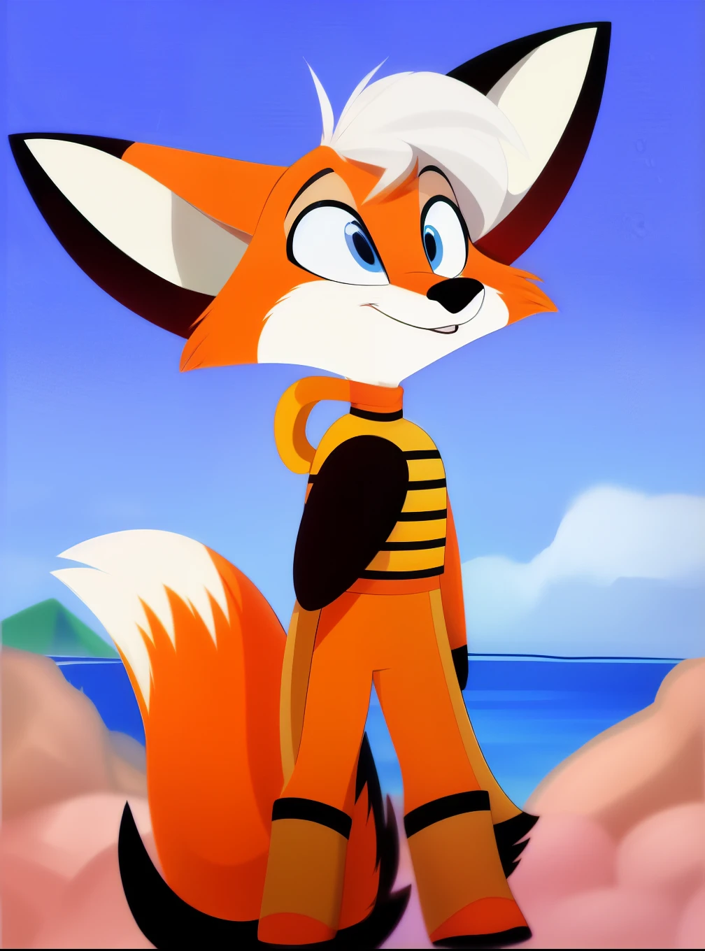 An animated male character named Spam O’Brien, which appears to be a fox. The fox has a vibrant orange fur coat with white dots, large
blue eyes, and has a long, bushy tail that curves to the side. Wearing Master Stinger bee themed supersuit from the 1980’s. Full body view. Standing, by vivzmind, (best quality, masterpiece:1), detailed,