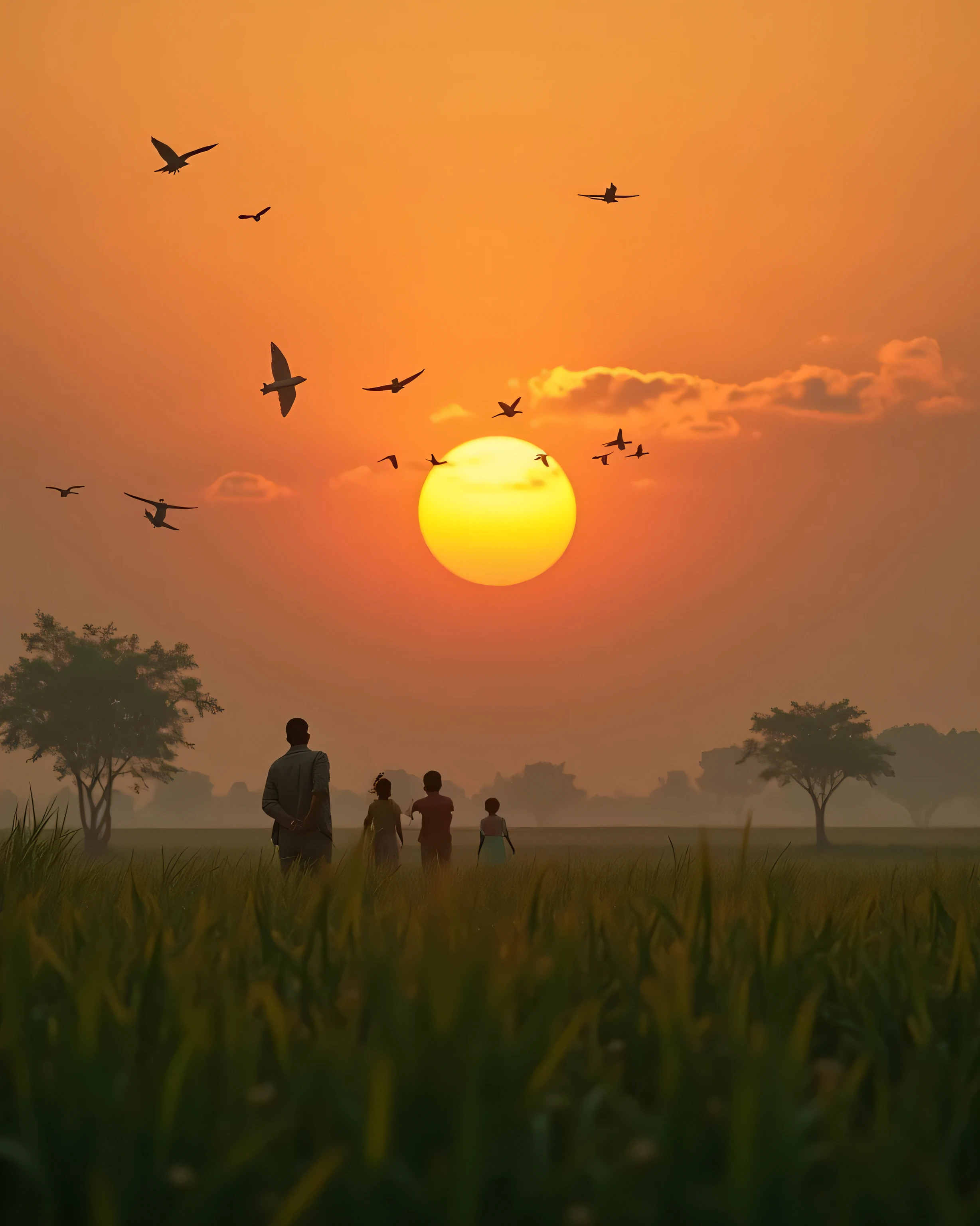 Indian farming cinematic farm evening, peaceful evening, birds flying above the farm , greenary cinematic, big grass farm, big orange sun on head , realistic small airoplane flying at large distance, large sun , sad environment, emotional