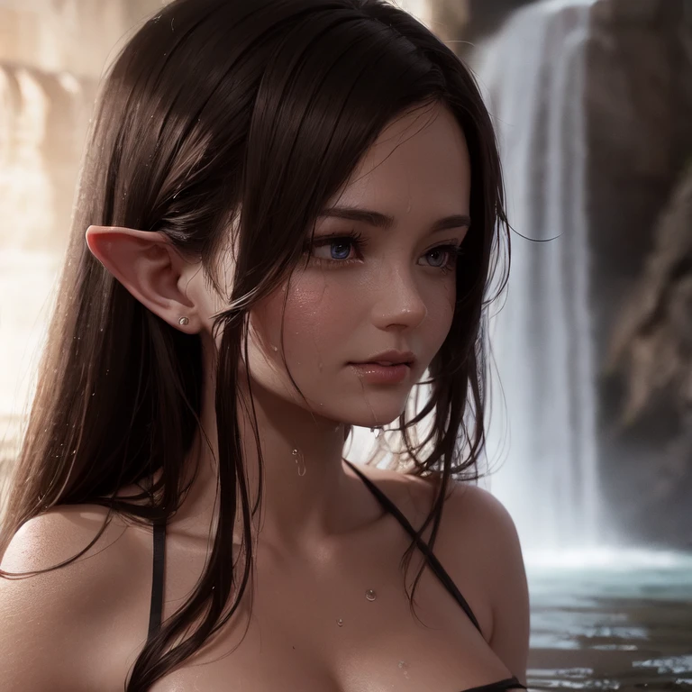 Elf woman, slightly pointed ears, (black hair with bangs and two braids), beautiful face, (large brown eyes), trim physique, white skin with bare breasts, smiling, playful, on a deserted rocky beach, dramatic lighting, (depth of field), ((masterpiece)), ((best quality)), ((highly detailed))