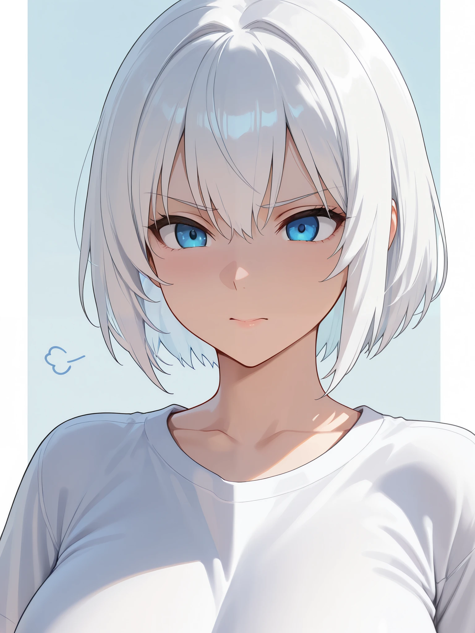 Short hair, with white t-shirt, white hair, blue eyes, perfect face, perfect body, curvy 