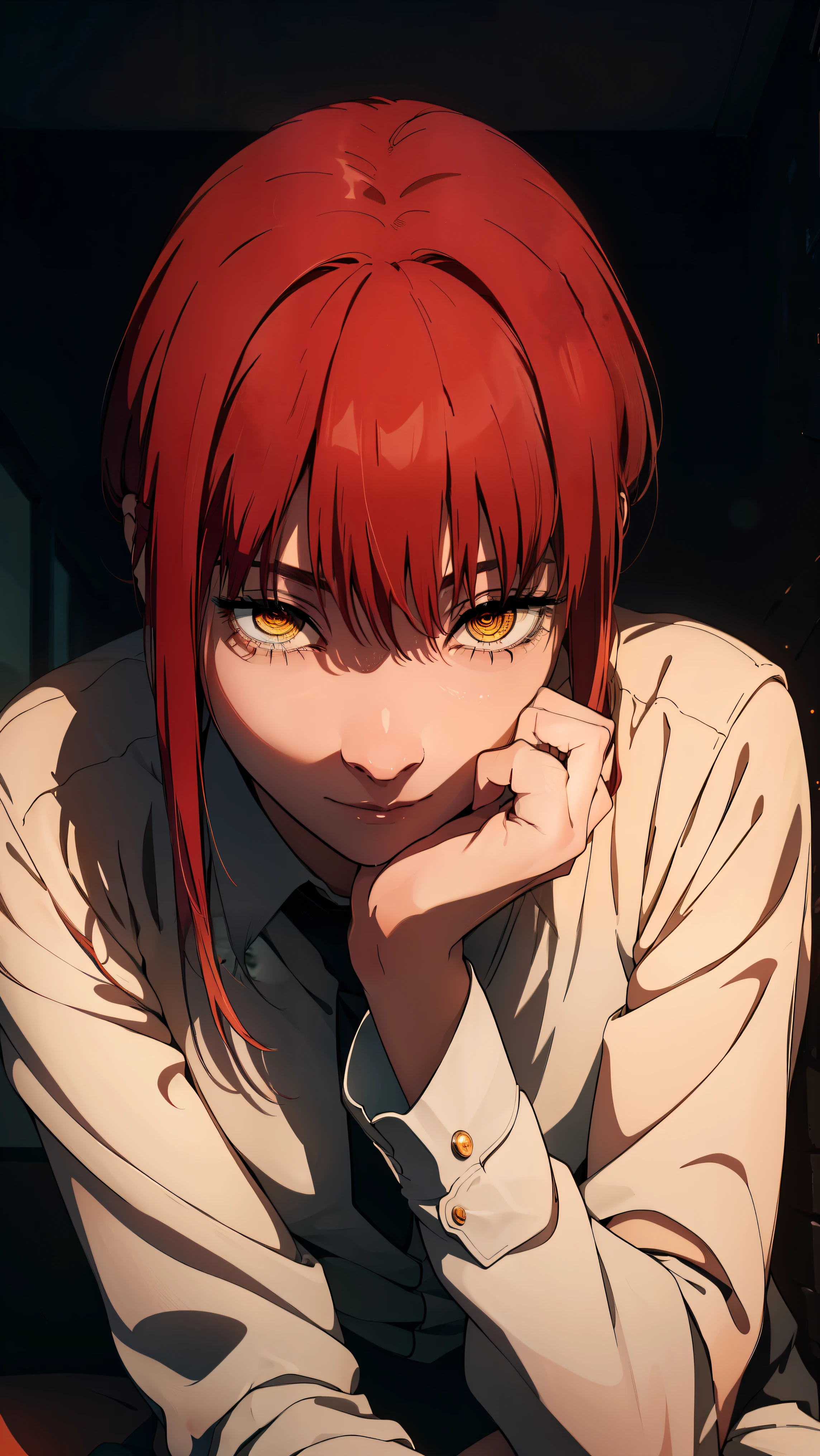 The character Makima from the anime series Chainsaw Man, fragile, full length (Full body 1.1.), dark background, darkness, Correct  1.1, holds his hands behind his back, correct hand anatomyVery , , very feminine, beautiful figure, legs, , Beautiful body, red hair, orange eyes, Red circles for schoolchildren, summer dress,  pose, realistic, very detailed, Beautiful body, detailed body, detailed hands, detailed, Vibrating, detailed Face, Makima character design. very detailed, detailed body, detailed hands, detailed Face, anime art, Hugh Details, Very downcast face, detailed eyes, Super thin illustration, best shadow, Fine detail, beautiful detailed glow, beautiful detailed, Extraordinarily beautiful, extremely detailed, inexpressive, epic composition, Anime style. anime art anime art, Anime style,