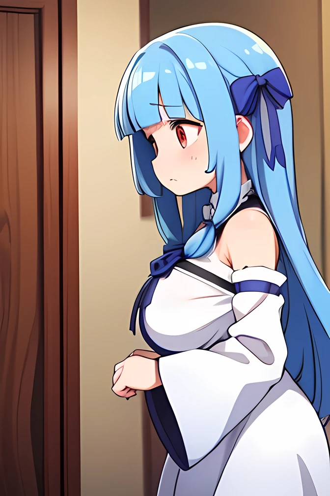 aoi kotonoha,((blue hair ribbon)),red eyes, ( droopy eyes ),blue hair , very long hair,blunt bangs,( tall),(huge breast),white dress, detached sleeve, wide sleeve , shoulder out , troubled face,sweat,Please look away, indoor, front view,cowboy shot,
