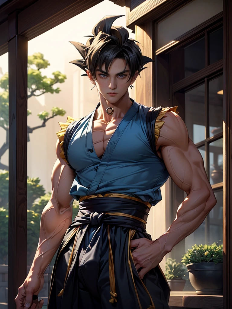 A 20-year-old broly wearing a white shirt and black belt, is a character from the Dragon Ball series. Dark old castle landscape. Standard body, finger drawing, beautiful double eyelids, handsome face, gliulian art style, highly detailed official artwork, jin shan, official art