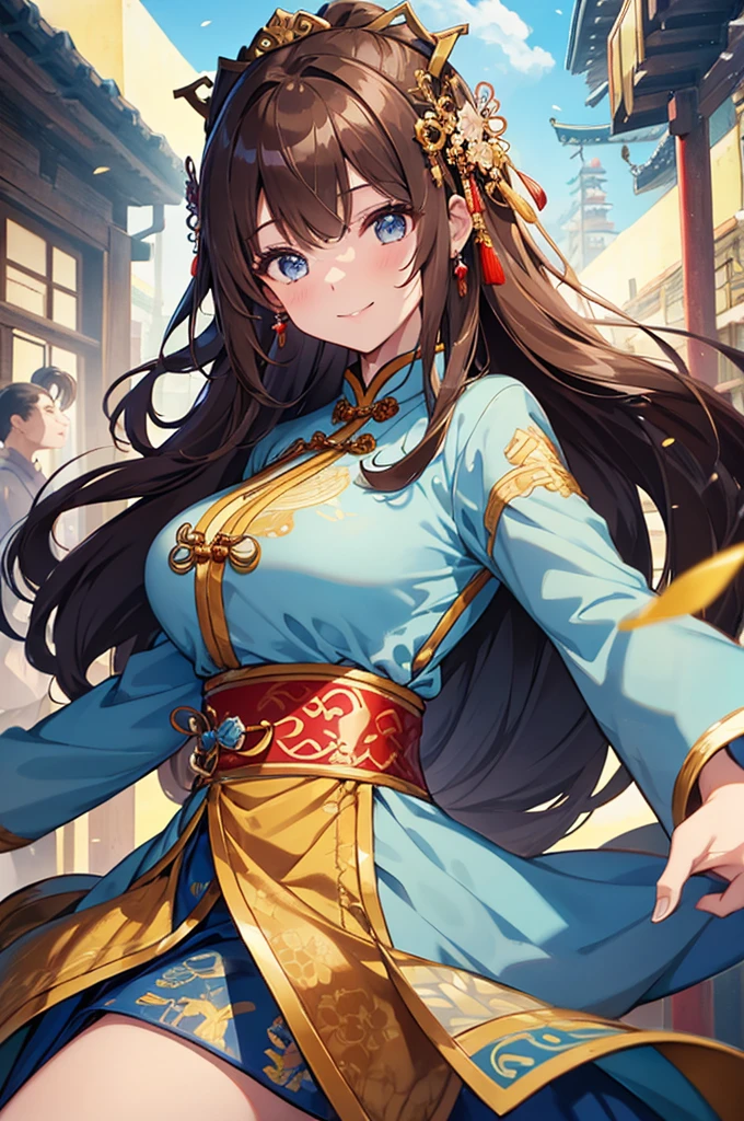 4K,High resolution,one woman,brown hair,long hair,green eyes,big breasts,ancient chinese bard,light blue fantasy cheongsam,removed sleeve,princess tiara,Jewelry Decoration,Ancient Chinese Villages