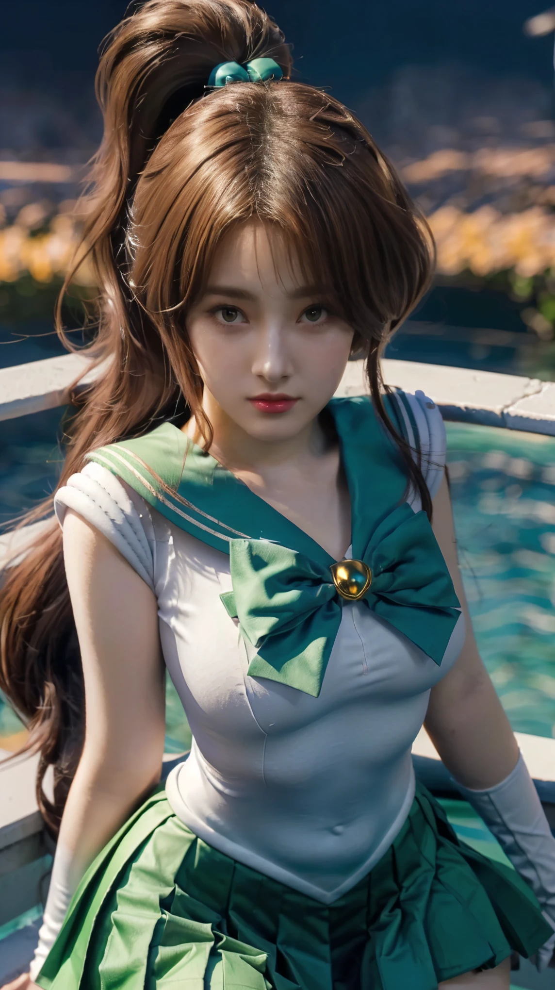 a close up of a woman in a sailor costume posing on a ledge, anime girl cosplay, anime cosplay, cosplay, cosplay photo, realistic cosplay, anime girl in real life, full-cosplay, the sailor moon. beautiful, big breasts, big tall posture, thin lips, shiny lips, pleated skirt, super short mini skirt, ahri from league of legends, photorealistic anime, professional cosplay, sailor uniform, sailor moon style