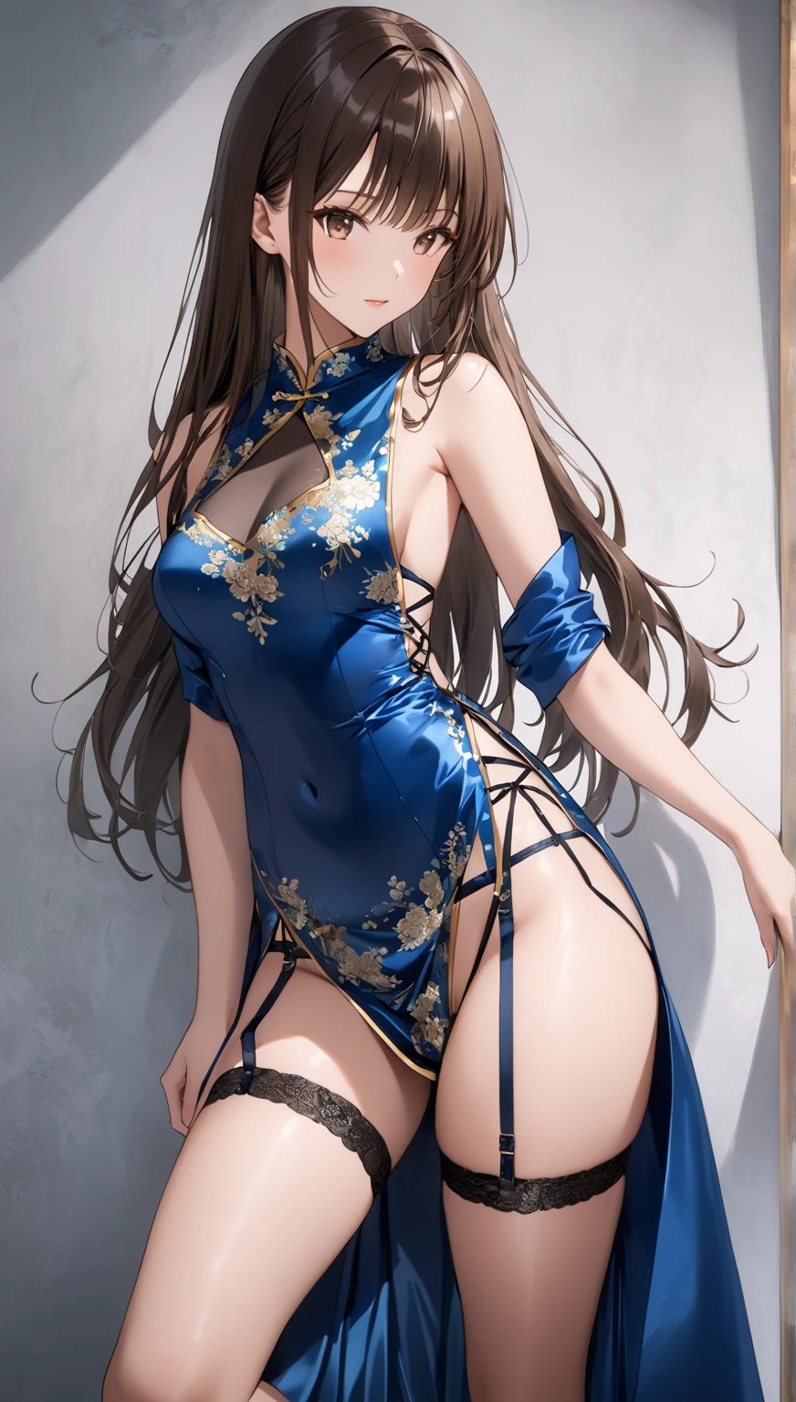 highest quality、All limbs、full finger、((one beautiful woman))、Beautiful busty woman、long hair、((brown haired woman))、((Blue cheongsam:1.5))、blue leotard panties、((brown pantyhose))、white boots、Chinatown、big smile、Street Fighter、hands on hips