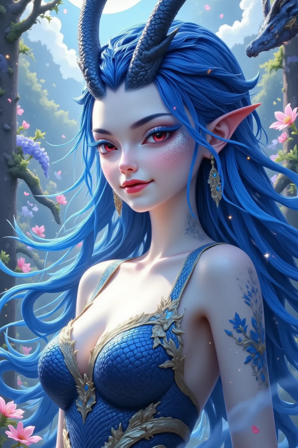 Beautiful dragon girl, red eyes,Blue eyelashes, red lips,Smile, long blue hair,Dragon Horn。moon,Flying dragon, strapless。 blue and gold 。