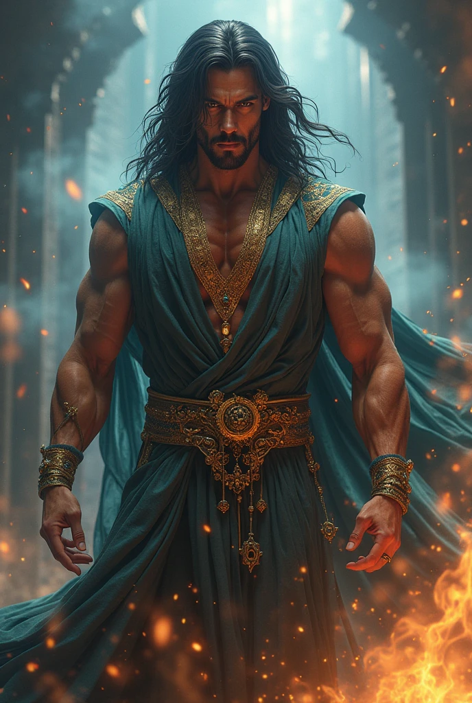 Young male deity, his presence is majestic and overwhelming, reflecting his power as Guardian of Stellar Time. In this way, his stature rises even higher, reaching an almost colossal height that seems to defy human understanding, as if it were part of the same firmament. Her skin glows with an ethereal glow, as if made from the essence of the stars themselves. Her black hair grows longer, flowing like a stream of liquid shadow that absorbs the light around it. This hair waves in the air, emulating the movement of the constellations, with small embedded stars that sparkle gently. His luminous orb eyes, with entire galaxies spinning in its depths. His face takes on an expression of unfathomable wisdom and serenity.. His clothing becomes a heavenly mantle, made of a fabric that appears to be composed of star dust and nebulae. This cloak floats around you, changing color with every movement, going from a deep cosmic blue to absolute black, dotted with stars. on his chest, a symbol of Capricorn, bright as a constellation In his right hand he holds the "Eternal Clock"