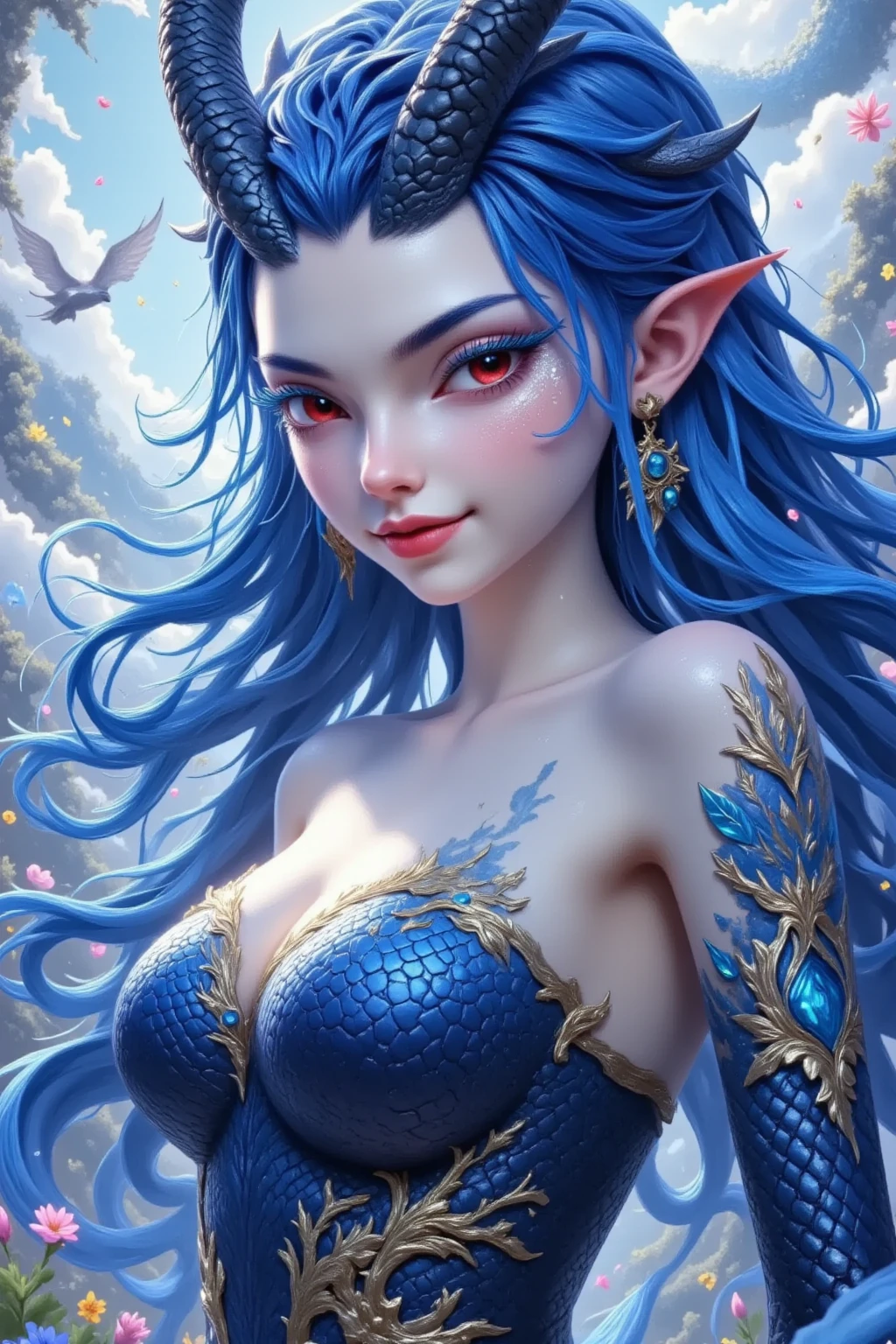 (Masterpiece, top quality, best quality), (((Beautiful anime style girl,))), 20 years old, oversize model, (((Super huge breasts))), (((Blue wavy hair))), Extreme detail, Colorful, luminescent, (((Poseidon theme))), Art concept art by Kahngriffith and Vadim Kashin, ethereal, standing, perfection, pure form, golden ratio, by Brian Froud, Carne Griffiths, Wadim Kashin and John William Waterhouse,