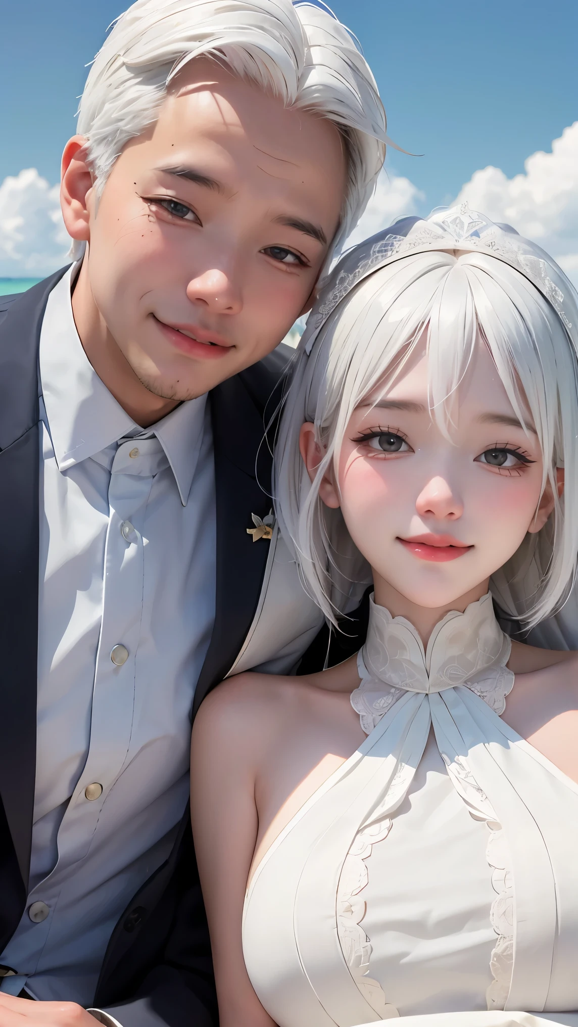 undefineddouble expose. an old couple with white hair sitting under the sky, lying head on shoulder. in the sky, a close up young couple in wedding outfits smiling at each other