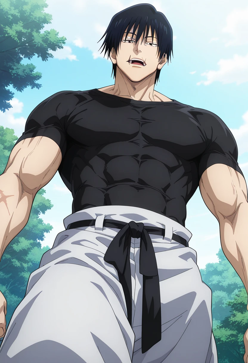 He is a 17 year old ager, He has slightly disheveled very black hair..., somewhat light green eyes, (front angle ) , muscular body , He is dressed in the anime. "my hero academia", without the shirt, just with boxer shorts
