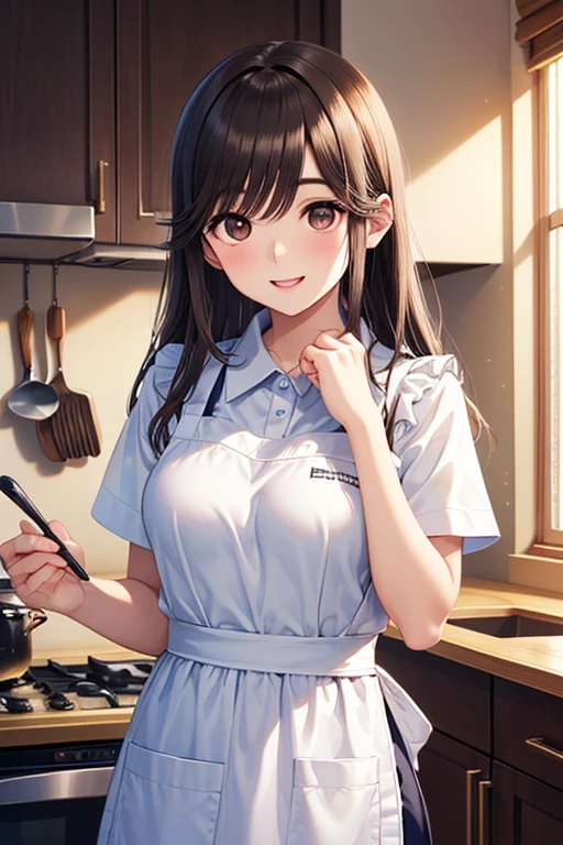 Takane Manaka, shiny brown long hair, beautiful brown eyes, smiling face, sparkling pupils, (fine grain), highly detailed eyes, highly detailed face, highly detailed eyes,, (masterpiece:1.2, best quality), 1 girl, cowboy shot,,
cowboy shot,
top quality、 Hi-Res、 high image quality、 Hi-Res、(、 long hair、 、 brown hair、 brown eyes、 glossy lips、 Glowing Skin 、 The details of the 、Checked Apron、kitchen)、 staring at me 、 Love Me、、 open your mouth and laugh)、( Drawing only the upper body 、Very close)
