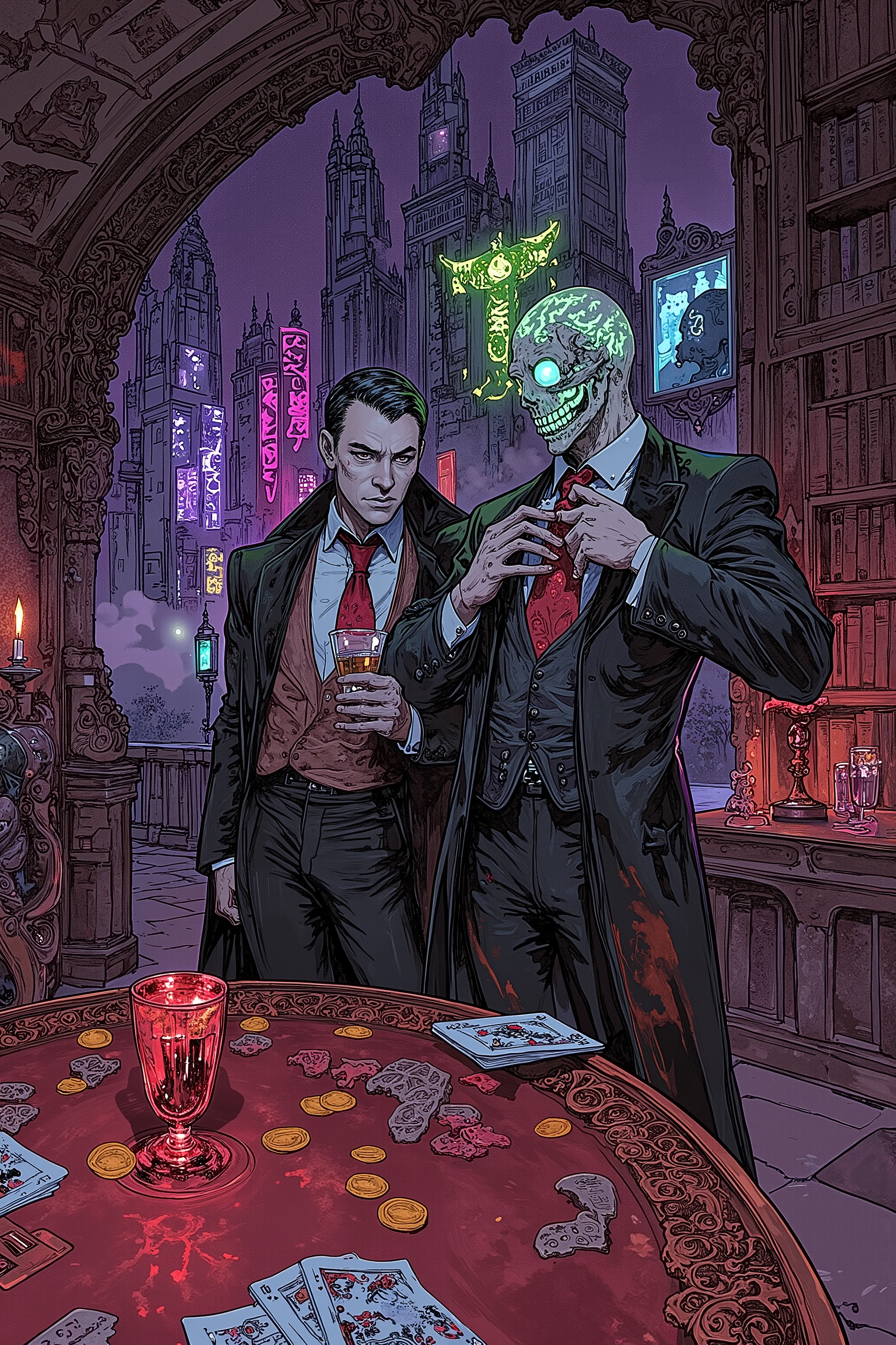 A dark fantasy comic cover illustration depicting a sinister underground hideout where gothic horror meets crime syndicate aesthetics. The scene is set in a shadowy, arcane lair, blending eerie supernatural elements with the refined decadence of a criminal empire.
At the forefront, a **vampire and a lich**, both clad in immaculate mafia suits, stand side by side, exuding power and menace. The vampire, with piercing crimson eyes and a sharp, confident smirk, holds a glass of thick, crimson liquid, his long coat draped elegantly over his shoulders. Beside him, the lich, shrouded in a spectral aura, adjusts his tie with skeletal fingers, his hollow gaze glowing with an ominous light. Their presence dominates the scene, evoking a sense of authority and danger.
Behind them, the underground base is adorned with gothic architecture—**dark stone walls covered in glowing arcane sigils**, flickering candlelight casting elongated shadows, and towering bookshelves filled with cursed tomes. A **large, ominous poker table** with scattered cards and ancient gold coins hints at dark dealings. Floating holographic screens, pulsating with necromantic energy, display secret contracts and supernatural bounties.
The **background features a cityscape deep beneath the surface**, with **towering gothic skyscrapers, glowing neon signs**, and mist-shrouded alleyways where creatures of the night lurk in the darkness. The color palette consists of deep purples, crimson reds, and eerie greens, enhancing the otherworldly atmosphere.
The composition is highly detailed and **stylized for a dark fantasy comic cover**, featuring **bold contrasts, dramatic lighting, and a striking layout**, ensuring the two supernatural crime lords remain the focal point. Perfect for a **graphic novel, game concept, or horror-fantasy illustration**.