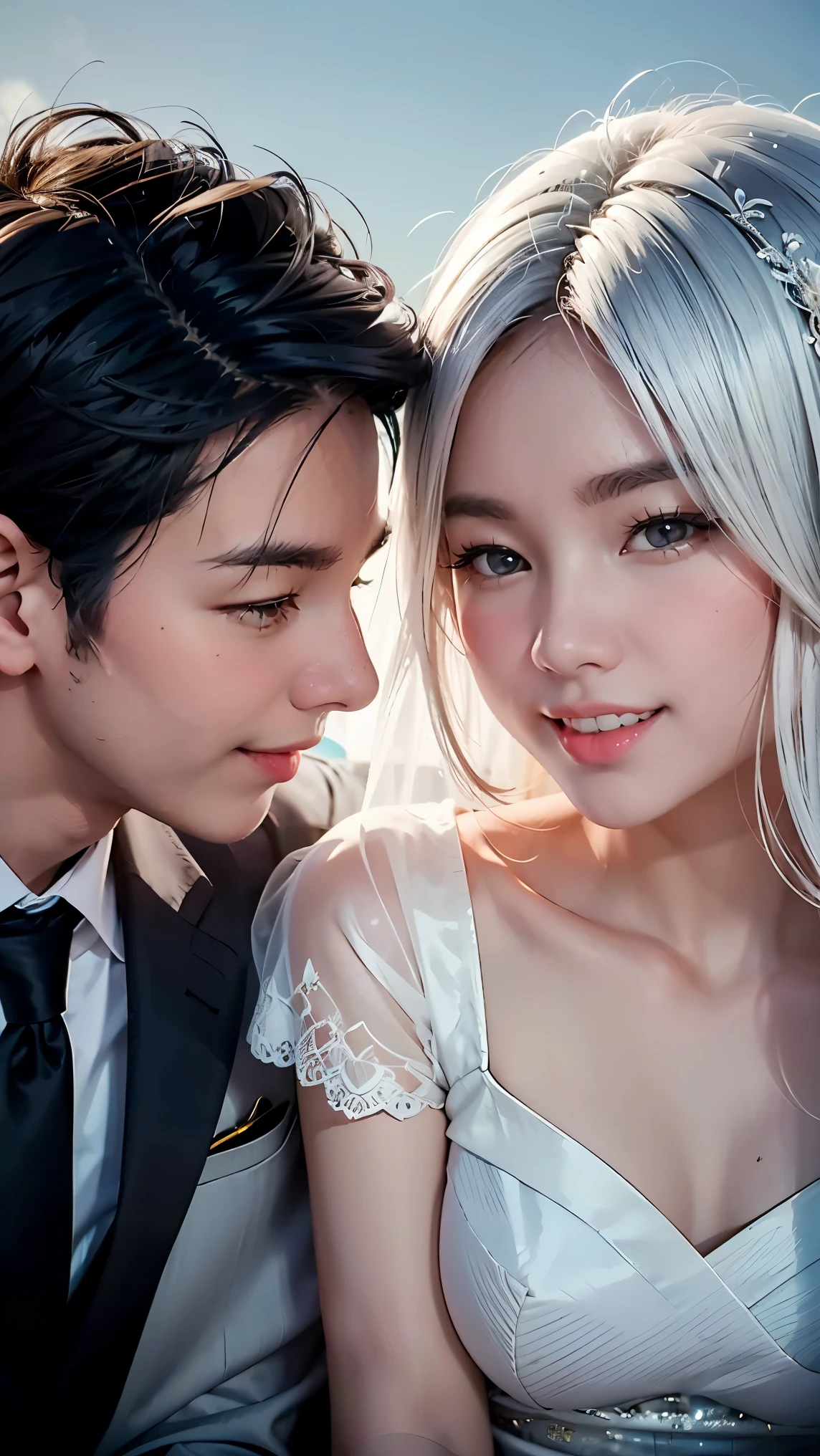 ((double exposure)). an old couple with white hair sitting under the sky, lying head on shoulder. in the sky, a close up young couple in wedding outfits smiling at each other