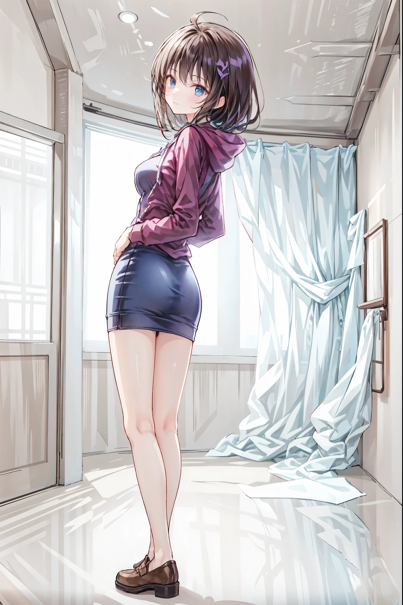 Shy maiden standing in the bathroom