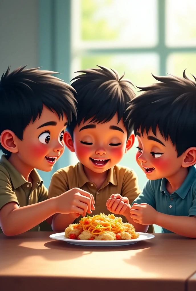 These children but sitting and talking with another child who is standing and they all share food