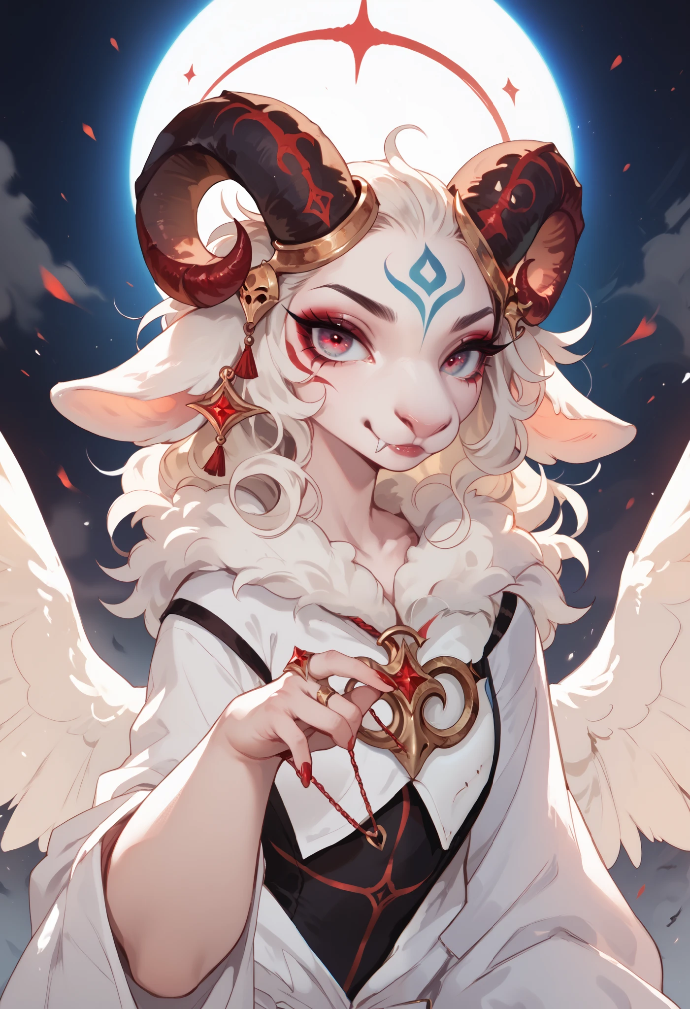creature with goat mask, angel, devilish style, Holy Light,