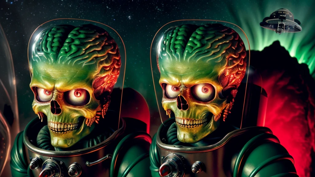 a portrait painting an alien in a clear space suit helmet in the style marsattacks, highly detailed