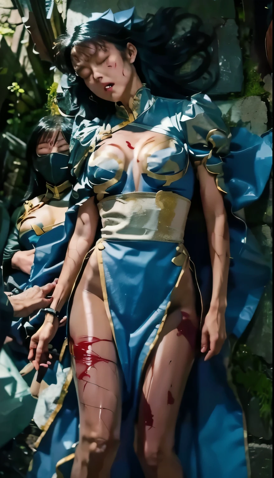 ((Female zombie))((Zombie eyes))((White skin, beautiful long legs))((very big's breasts))((Empty eyes))((Wearing a blue deep V low-cut bikini))((Wear blue high heels:1.2))((Blood all over))