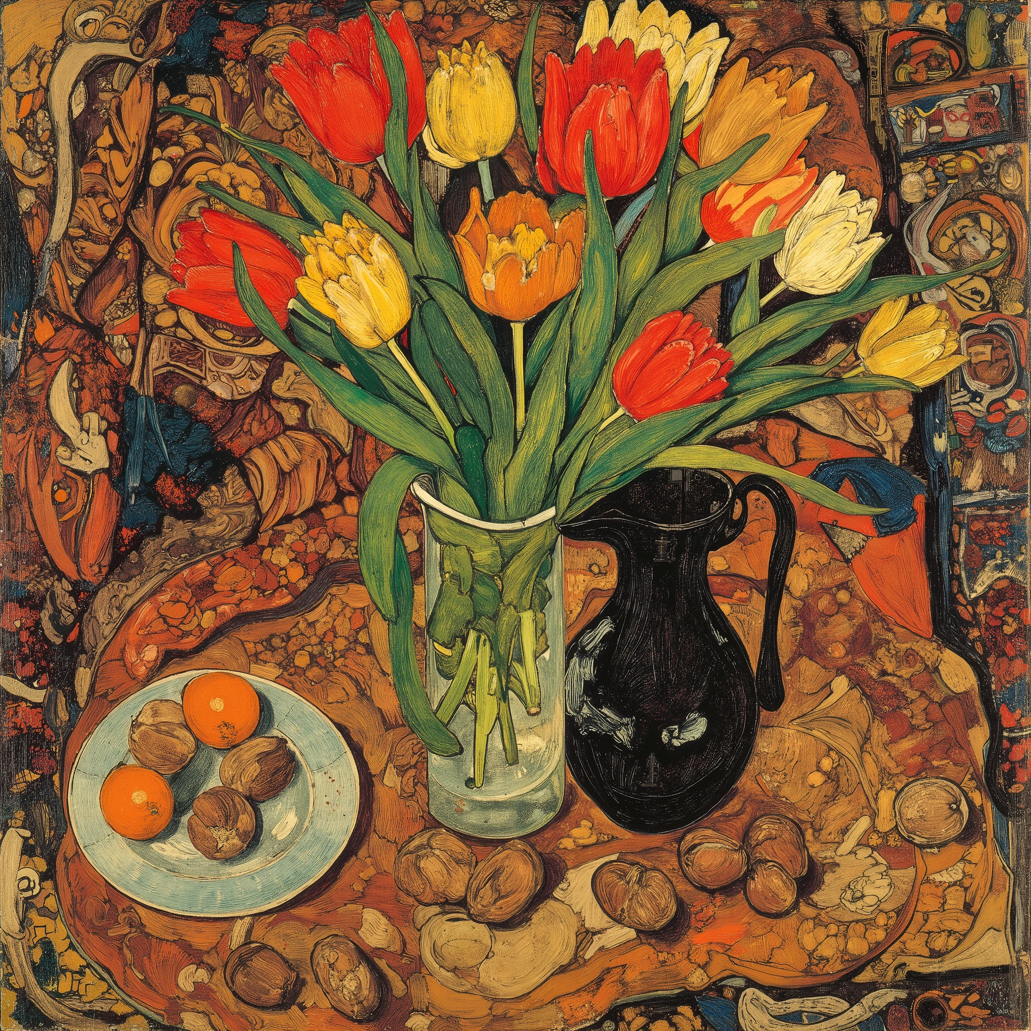 (Egon Schiele style), details, Egon Schiele's touch, rugged strokes, (Expressionism), vivid colors, Art Nouveau, oil painting, 8K, still life with tulips in a vase, in the ring, fabric with arabesque patterns, walnuts, oranges, pitcher, artwork, award-winning work, masterpiece.