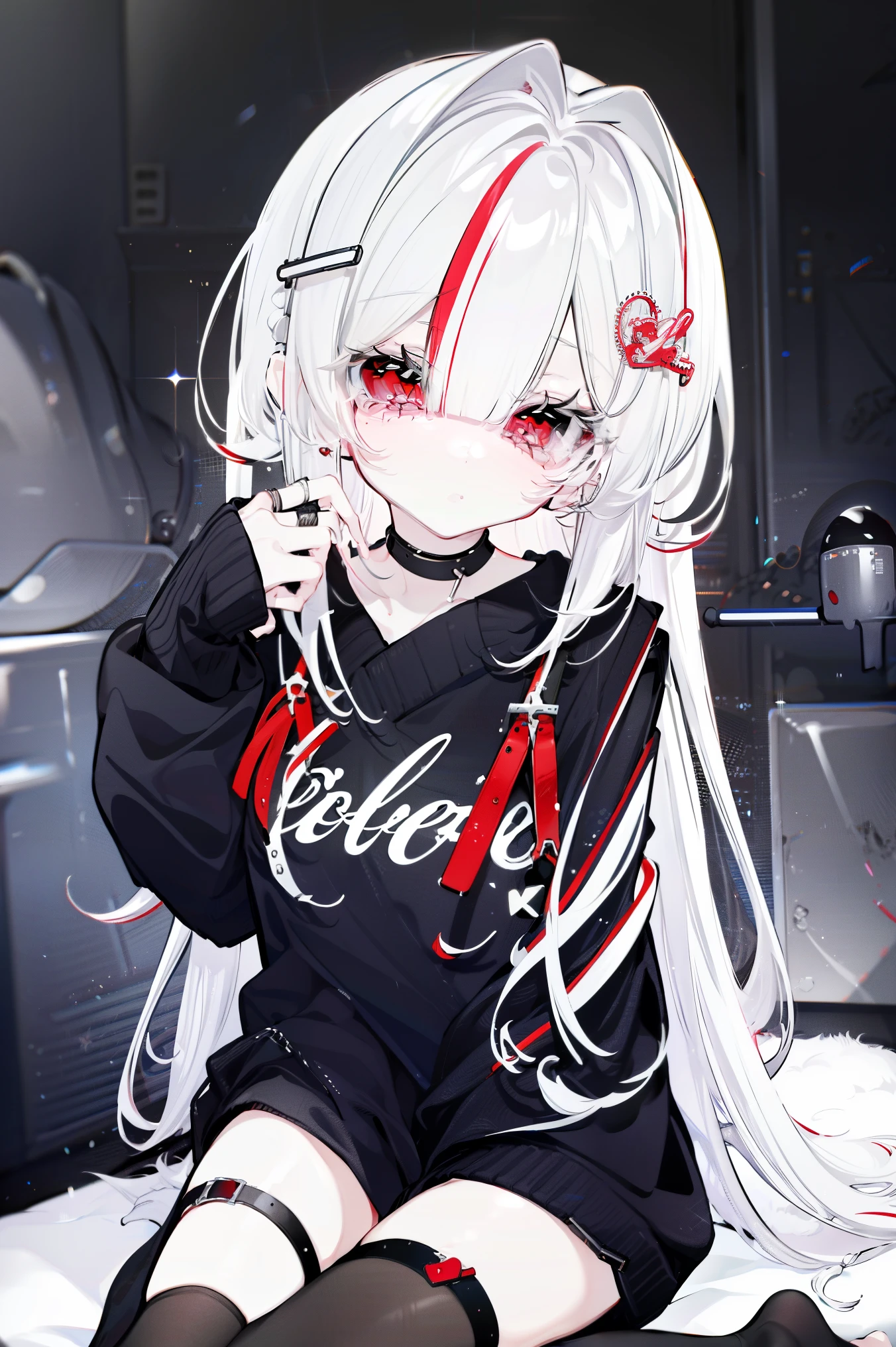 ((masterpiece, best quality, extremely detailed CG, unity 8k wallpaper,anatomically correct,ultra resolution)),Award-winning photography,(best illumination,Very Delicate and Beautiful),(one girl,solo,loli:1.5),close-up,(Vampire:1.45),silver hair,(twintails:1.2),glowing red eyes,(pale skin:1.45),(extremely beautiful and detailed face:1.2), (extremely beautiful and detailed eyes:1.2),perfect hands,delicate legs,((bat hair ornament)),(graceful,fashion),pointy ears,((hoodie:1.4,sports shorts,sports shoes,black leather gloves)),(playing computer game:1.3),happy smile,(cute:1.5),((night, dark atmosphere, dark theme, darkness:1.5)),dramatic shadows,(dimly lit:1.5),blood on face,blood on floor, blood on walls,(blood mist,blood splash:1.4),depth of field,(indoor:1.2,bedroom:1.3,computer),(perfect human body structure with maximum precision)
