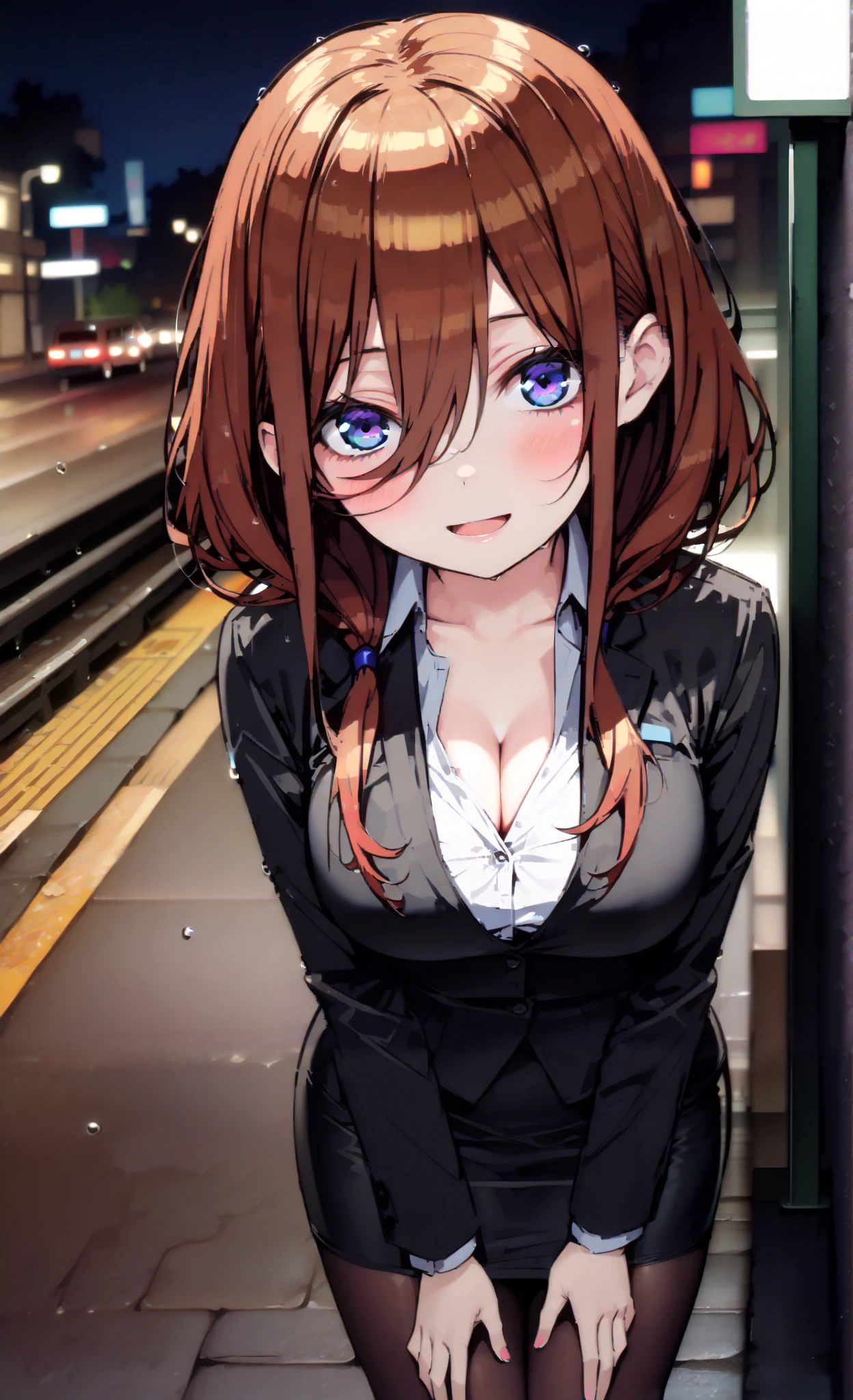 Nakano Future, long hair, bangs, blue eyes, brown hair, long hair, ,Big Breasts, cleavage, suit, pencil skirt , jacket, smile,blush, open your mouth, shirt, black pantyhose, pin heels, is standing,屋根のあるbus stopでrain宿りしている,rain,night,building,whole bodyがイラストに入るように, break outdoors,bus stop,
break looking at viewer,whole body,
break ( Masterpiece:1.2), top quality , kampala, Unity 8k Wallpaper,(shape:0.8),( fine, beautiful eyes :1.6),It's a person ,whole body写真,CG Details , ( perfect hand, Complete Anatomy),
