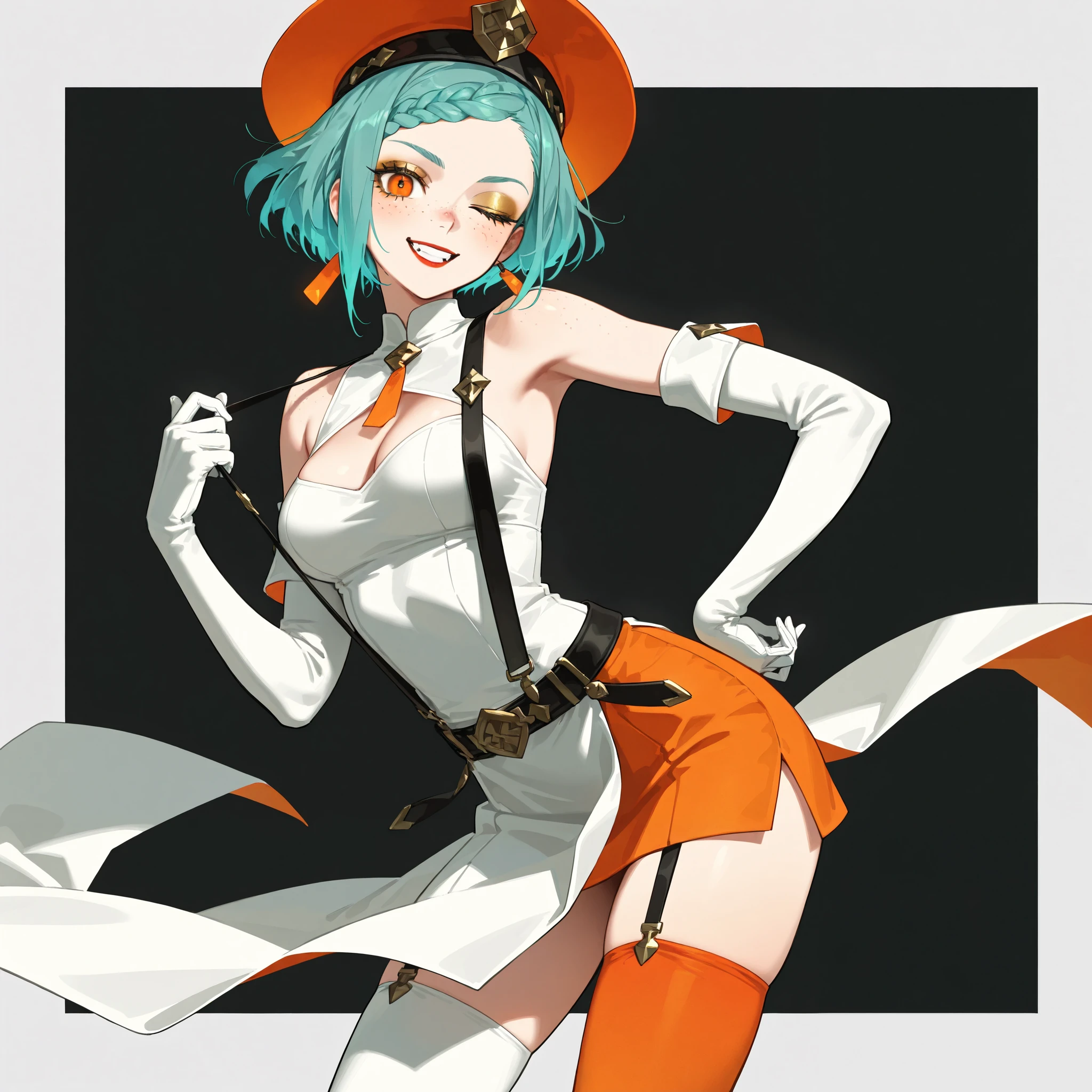 1girl, solo, 8k, aqua hair, short hair, braided_bangs_(hairstyle), calm, BREAK, orange eyes, toothy_smile, freckles, medium breasts, gentle_smile, BREAK, red_lipstick, golden_eyeshadow, 1girl, (best quality), 8k, aqua hair, short hair, braided bangs hairstyle, calm, BREAK, orange eyes, golden eyeshadow, medium breasts, blush, BREAK, 1girl alternate_costume asymmetrical_legwear bare_shoulders black_background border dress eyelashes gloves hat mismatched_legwear multicolored_hat one_eye_closed simple_background smile solo standing suspenders suspenders_pull white_boots white_border white_dress white_gloves